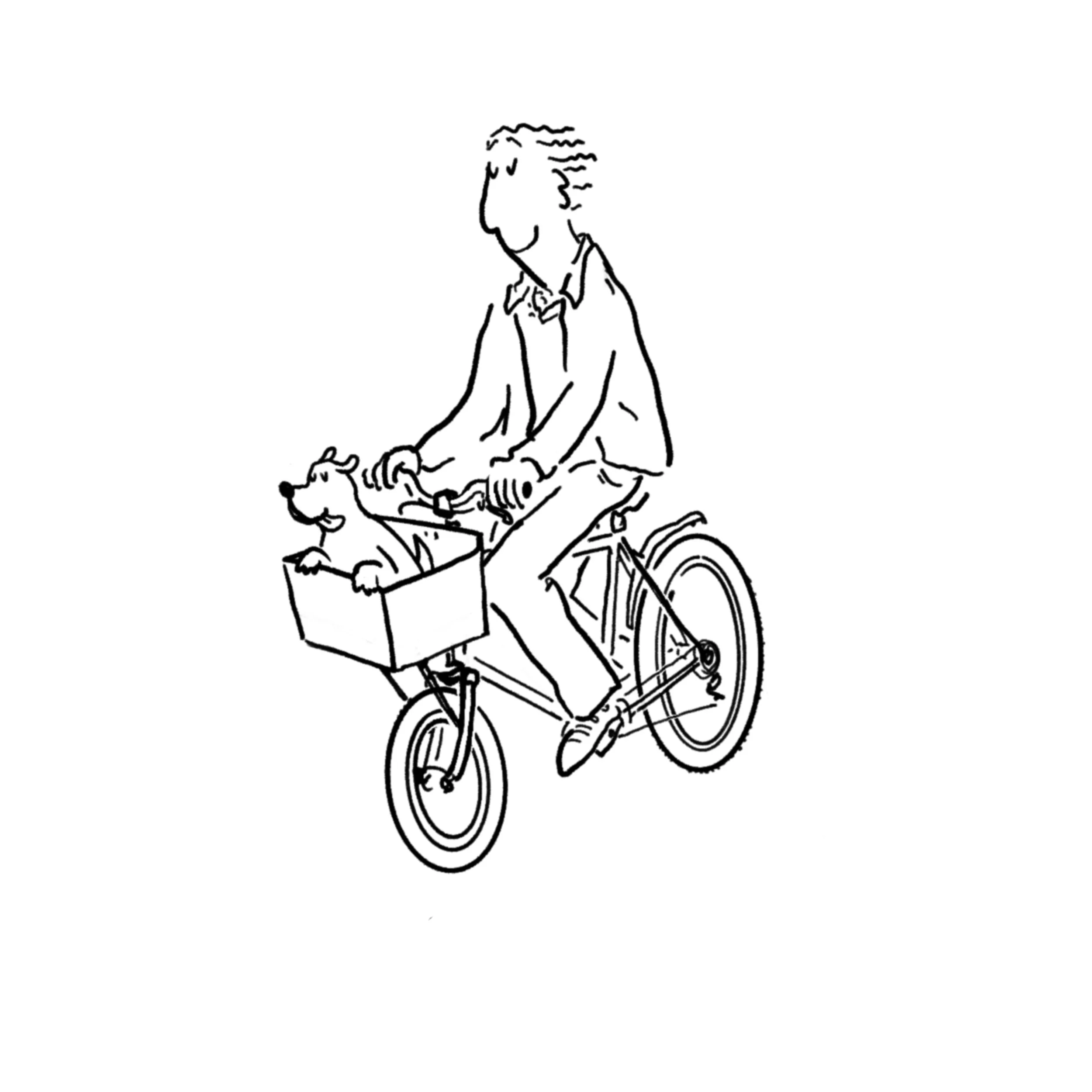 A line drawing of a person riding a bicycle, carrying a box in a basket attached to the front of the bike.