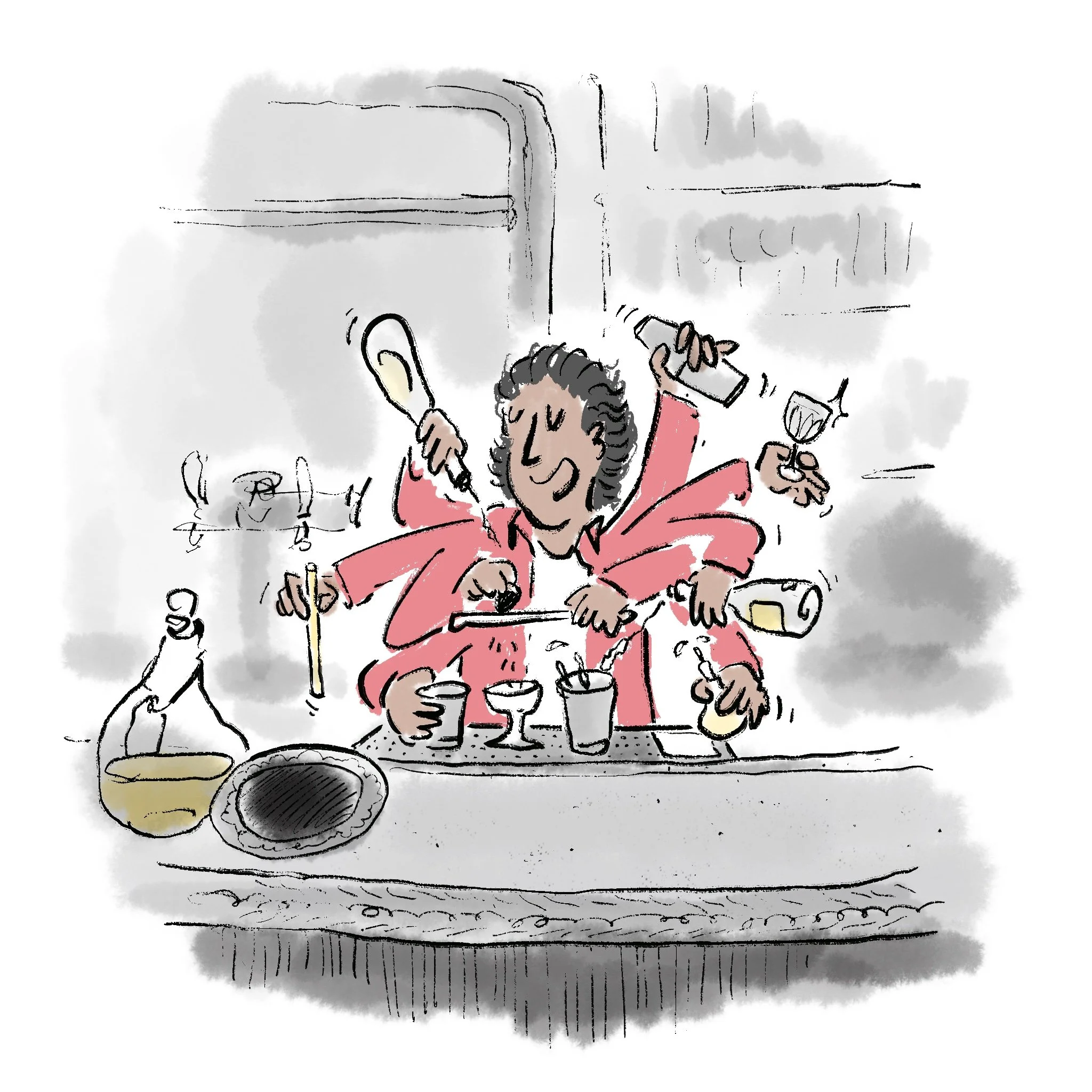 Digital water-colour illustration of a bartender mixing liquors and shaking coktails.