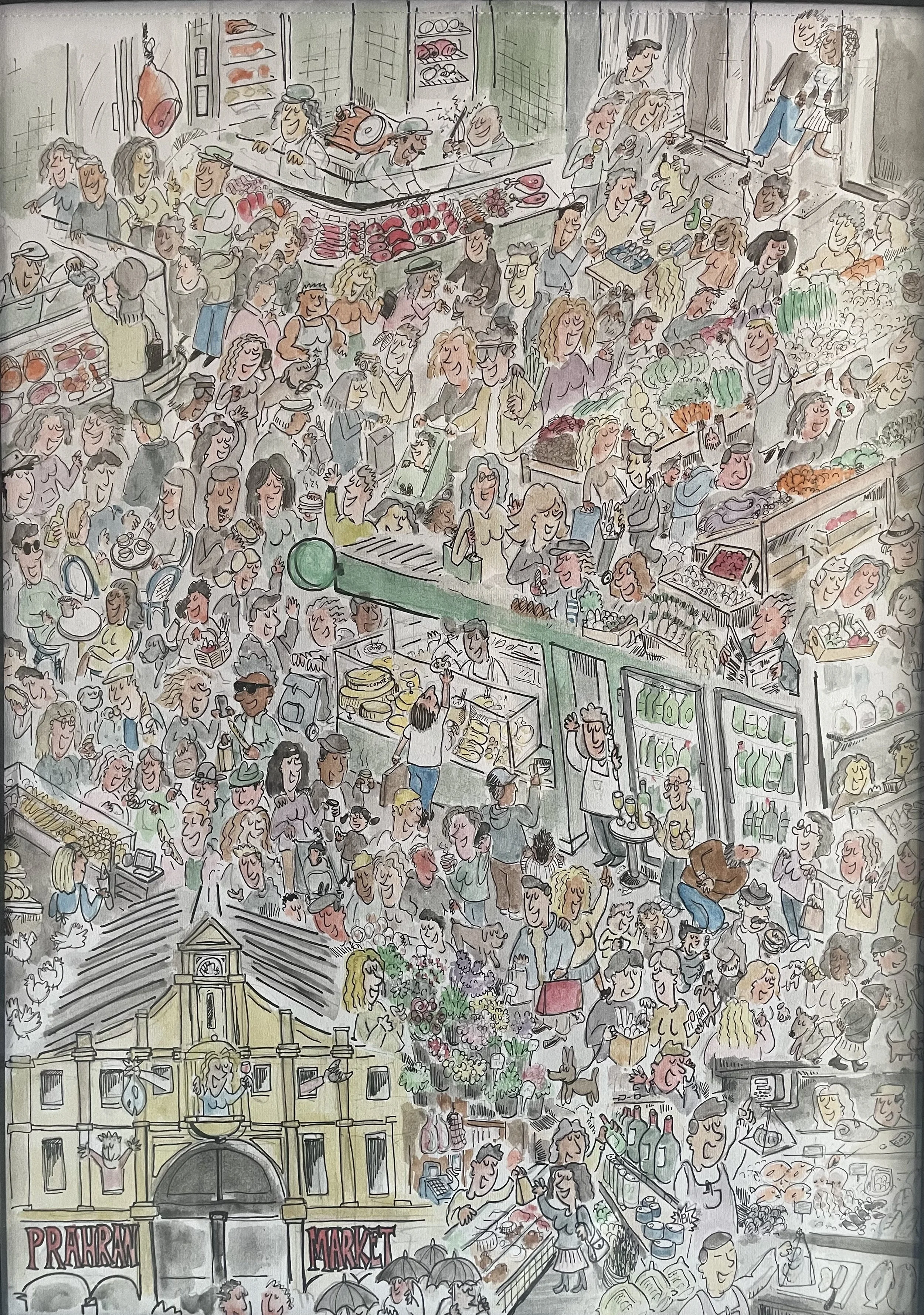 A hand drawn water-colour illustration representing the Sunday morning crowd at the Prahran Market in Melbourne. The drawing includes a lot of details and shops from the market.