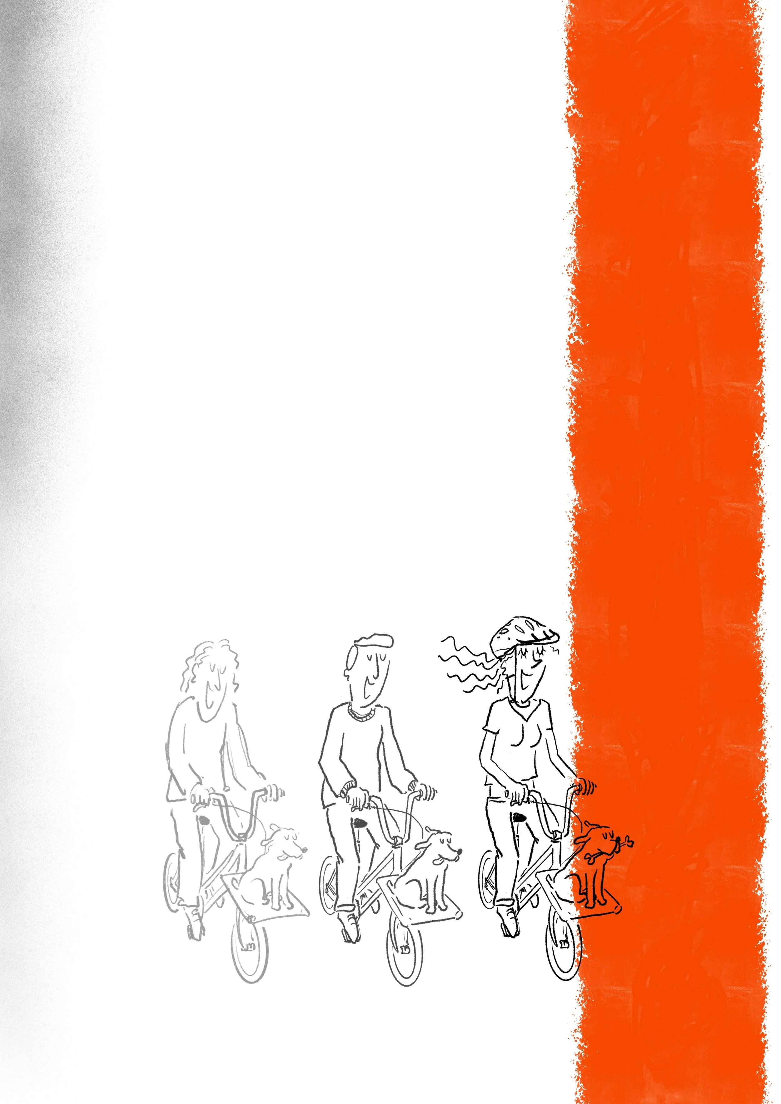 Line drawing of three people riding bicycles, with dogs running alongside, on a bicycle path with an orange painted section on the right side.