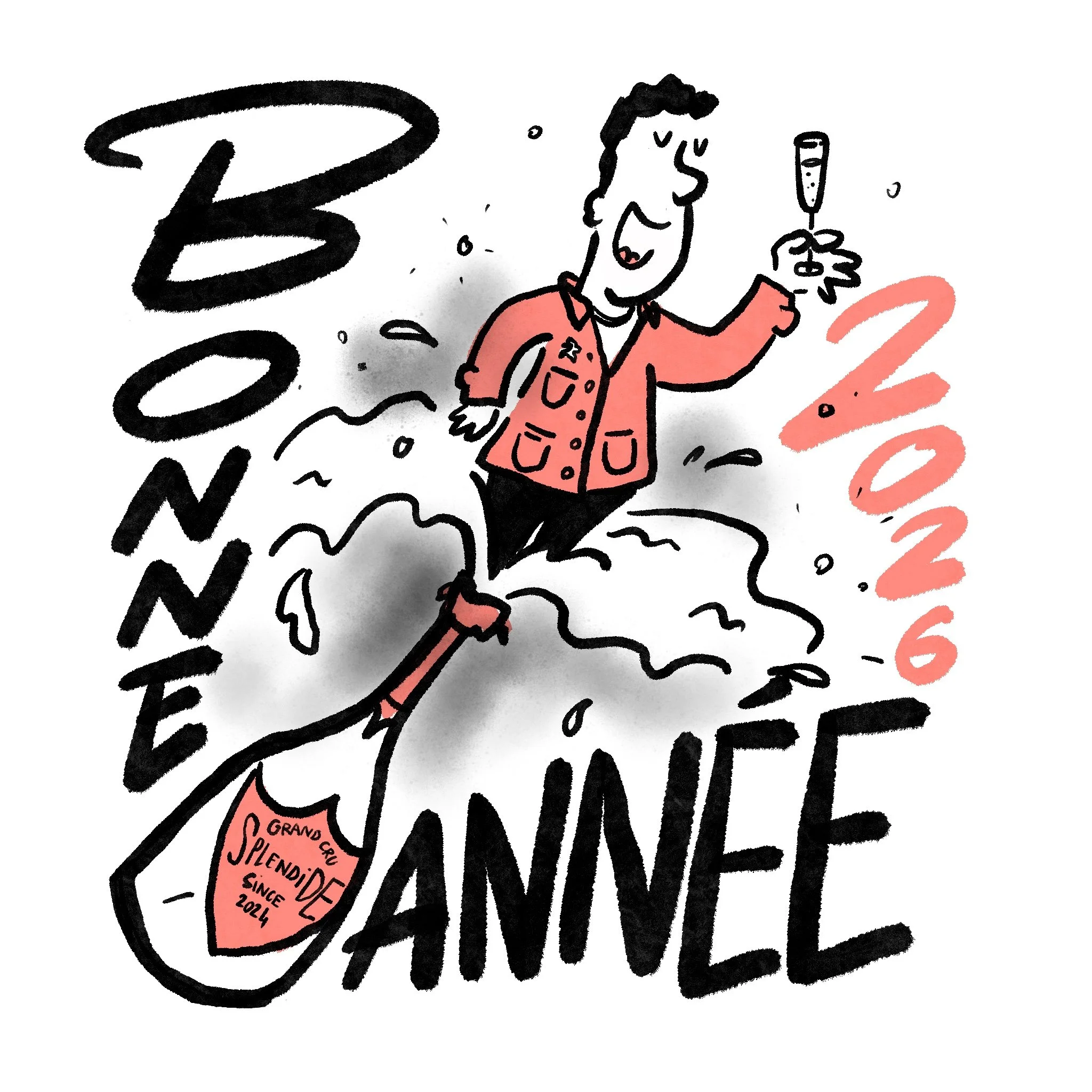 Hand-drawn illustration of a waiter coming out of a bottle of champagne branded "Le Splendide" and a text around reading "Bonne Annee 2026"