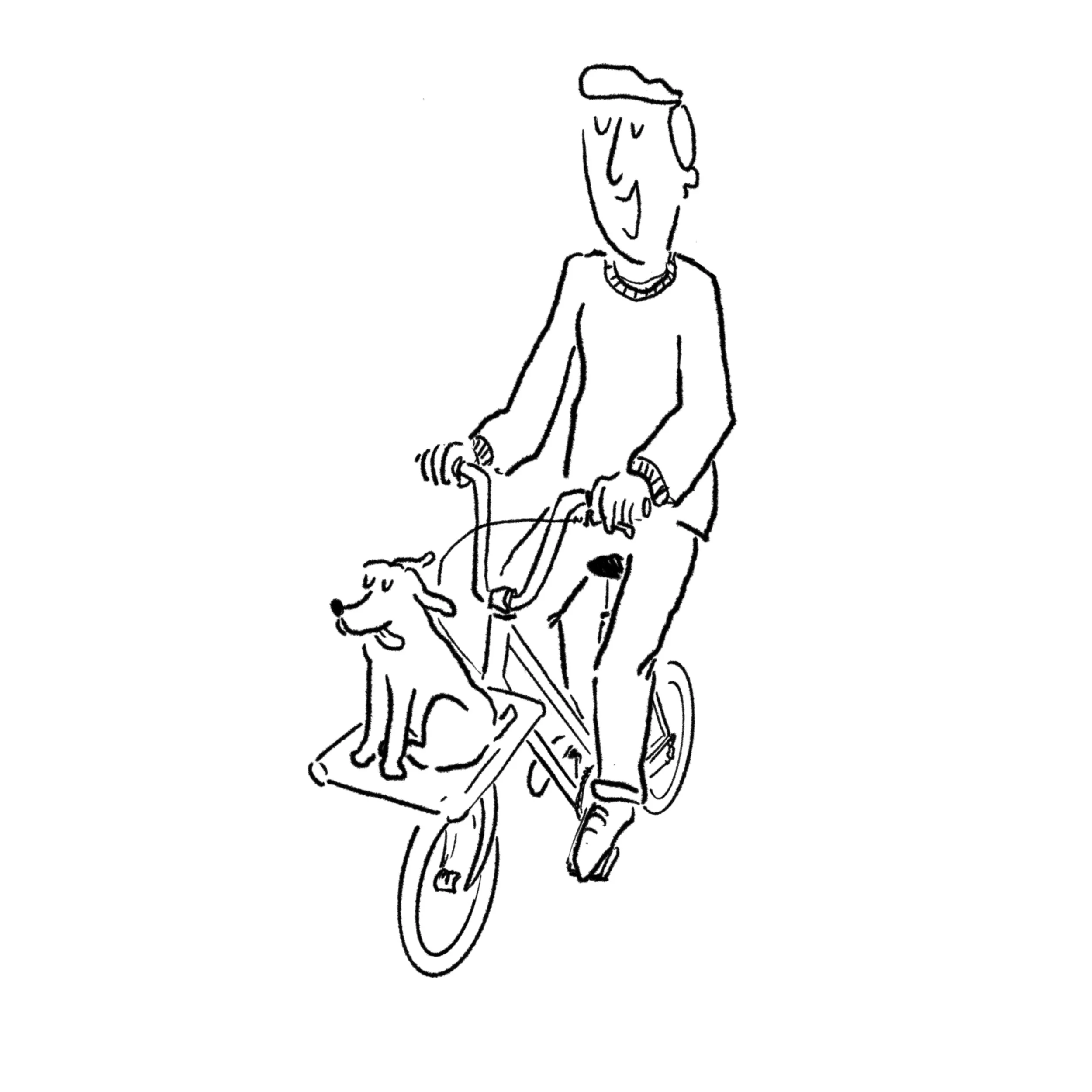 A simple black and white line drawing of a person riding a bicycle, with a small dog running alongside.