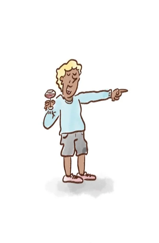 A cartoon illustrated person with blond hair, wearing a light blue shirt and gray shorts, holding a lollipop in one hand and pointing with the other, standing on a white background.