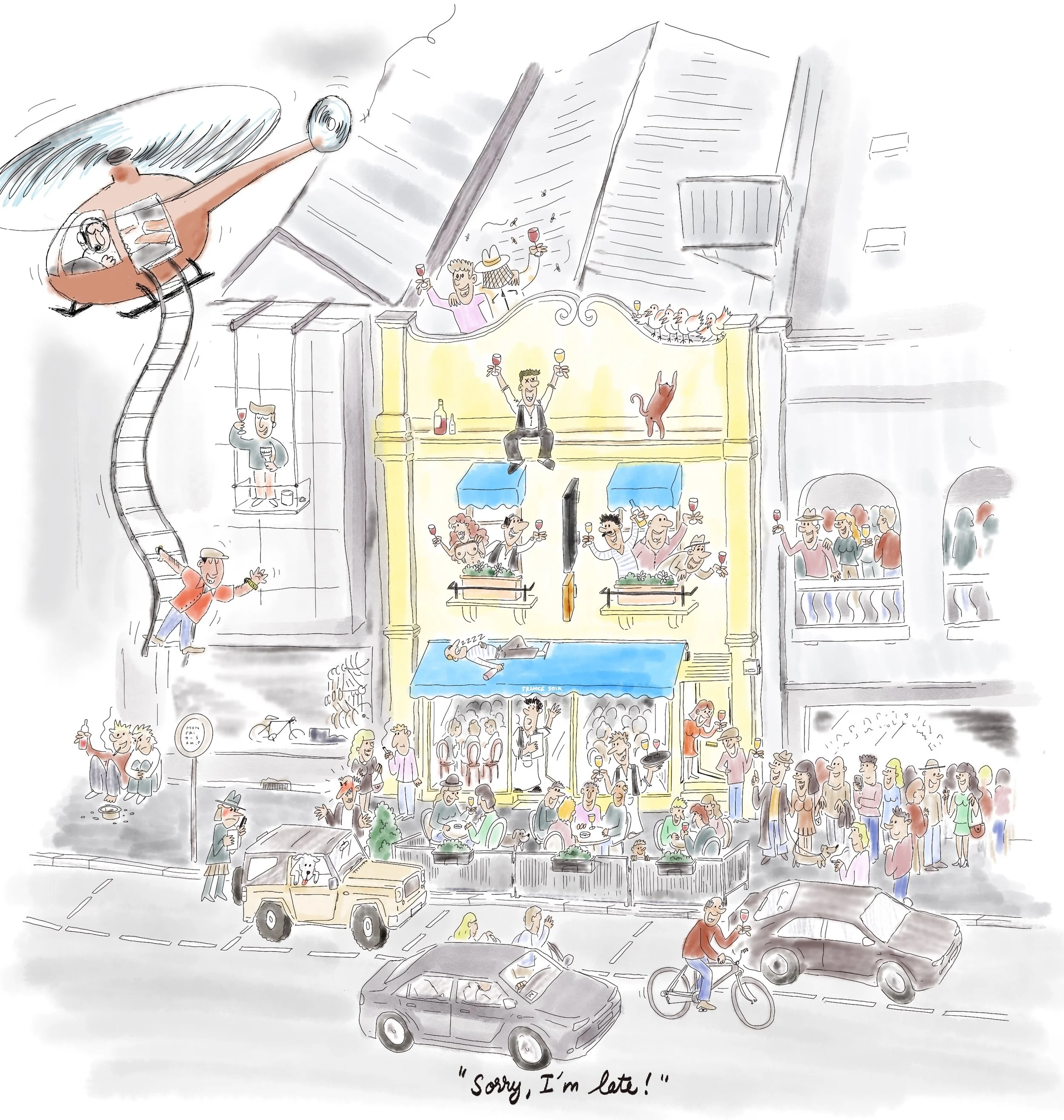 Illustration of the street in front of the restaurant France-Soir in South-Yarra.