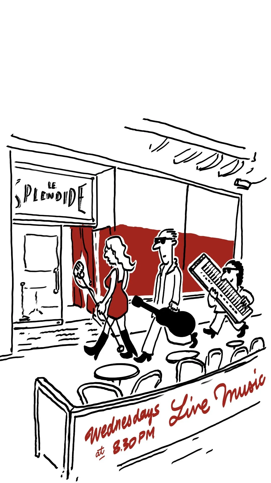 Illustration of three characters carrying musical instruments in front of the bar Le Splendide and going inside to play music.