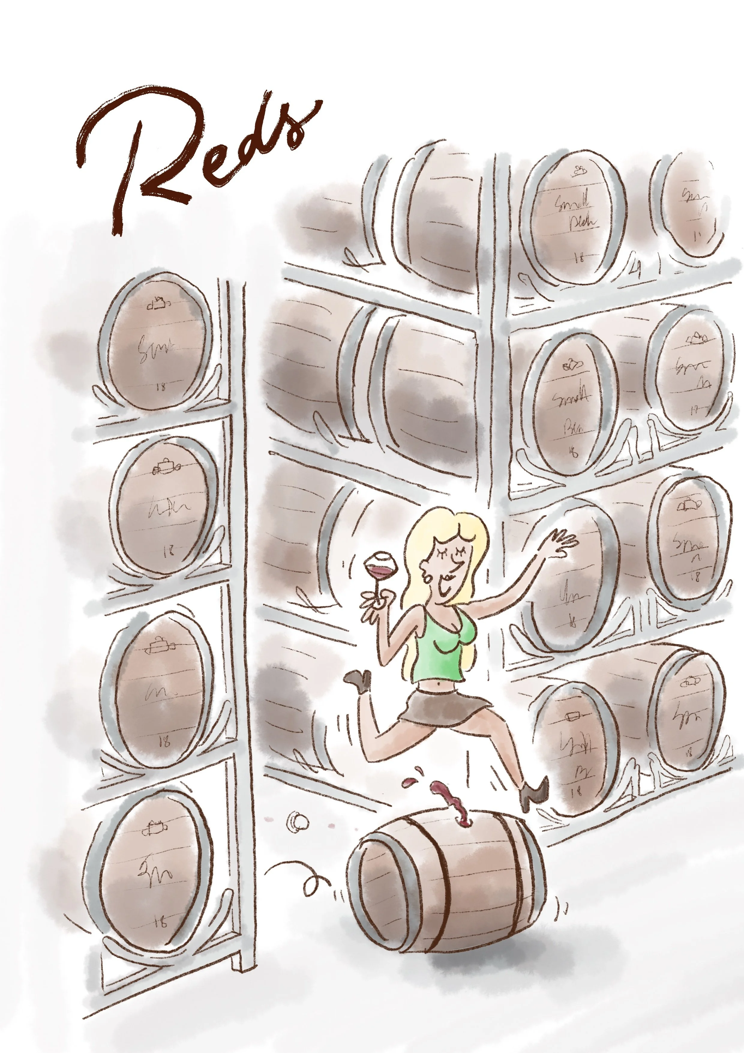 A water-colour illustration of a woman rolling through a wine cellar on a wine barrel while holding a glass of burgundy.