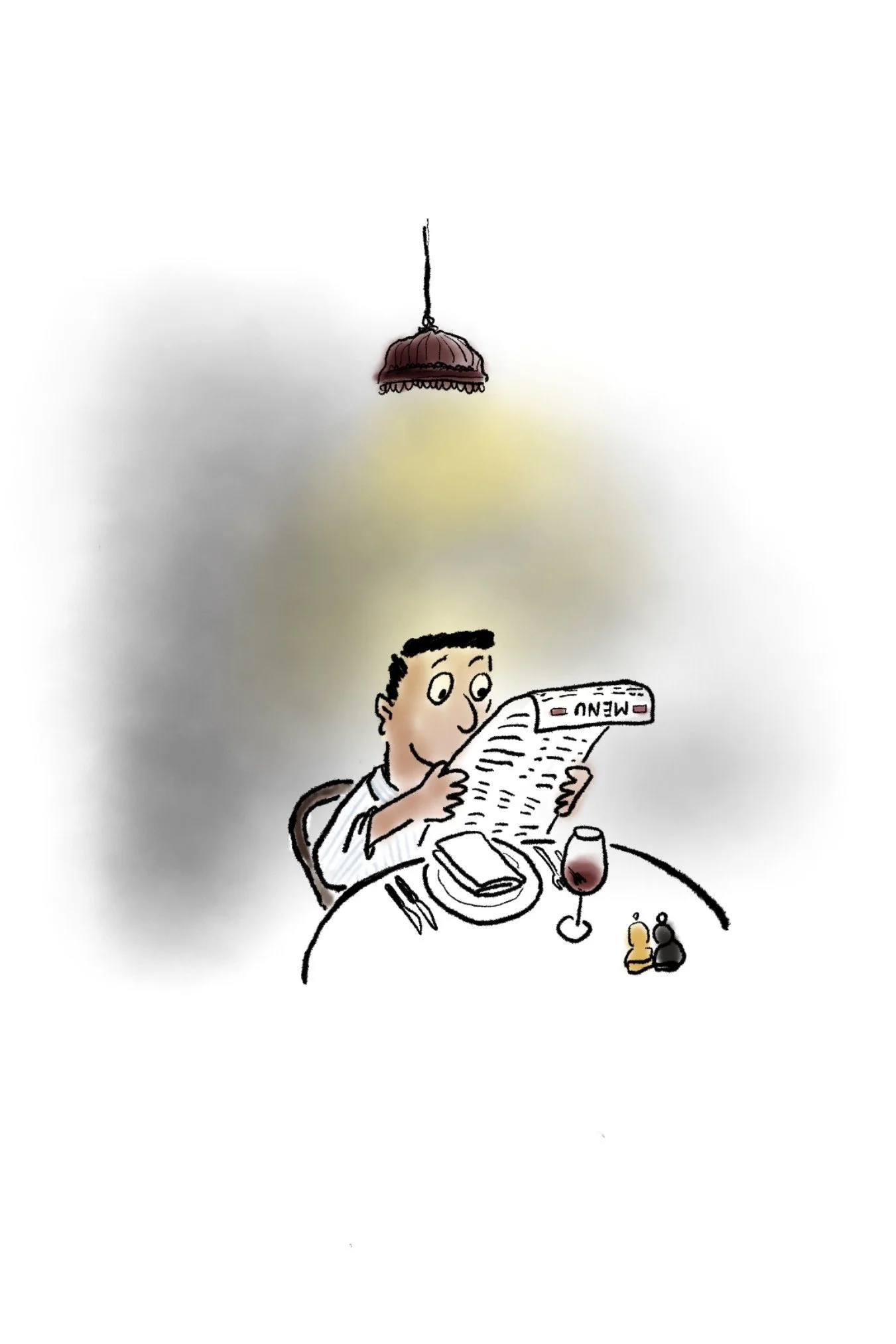 A cartoon illustration of a person seating at a table reading a menu. There is a plate with a napkin, cutleries, a glass of red and the slat and pepper on the table.  