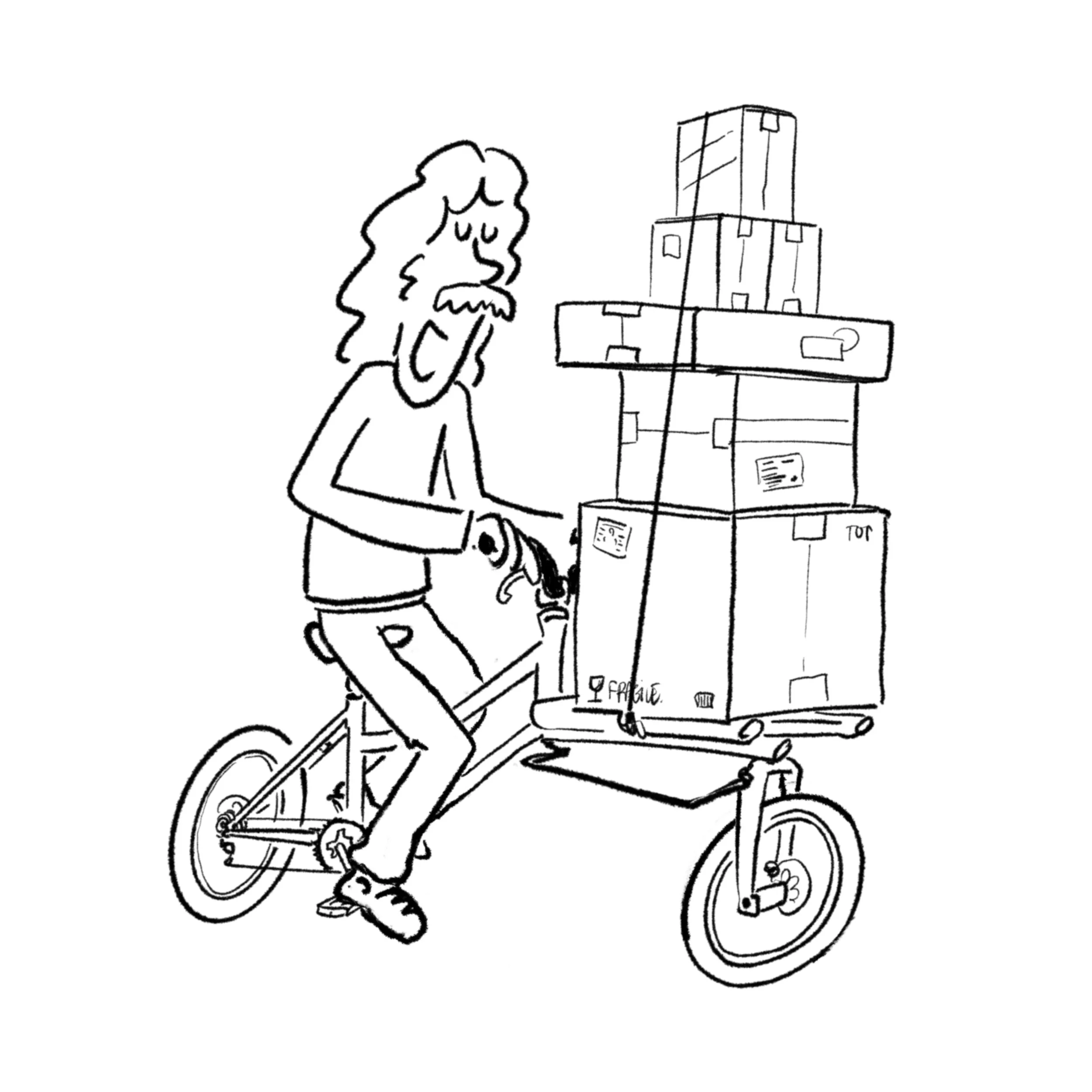 Black and white line drawing of a person riding a bicycle past a stack of boxes, with one box marked 'FRAGILE' and another 'TOP'.