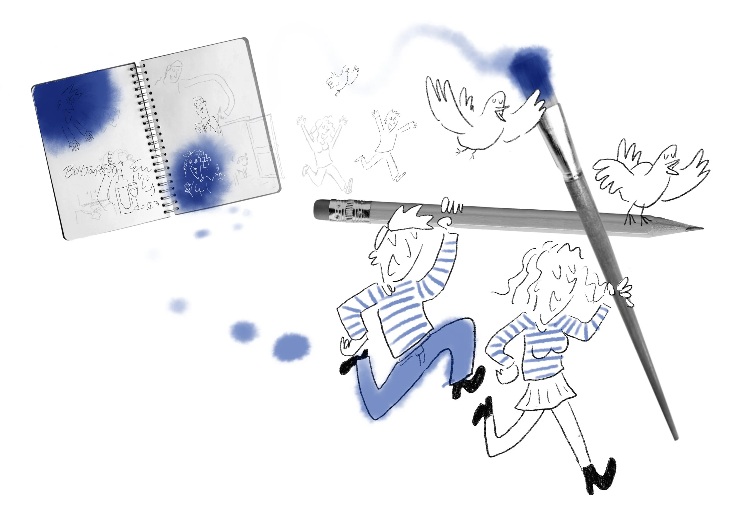 Illustration of people running away from a sketchbook with drawing tools in their hands