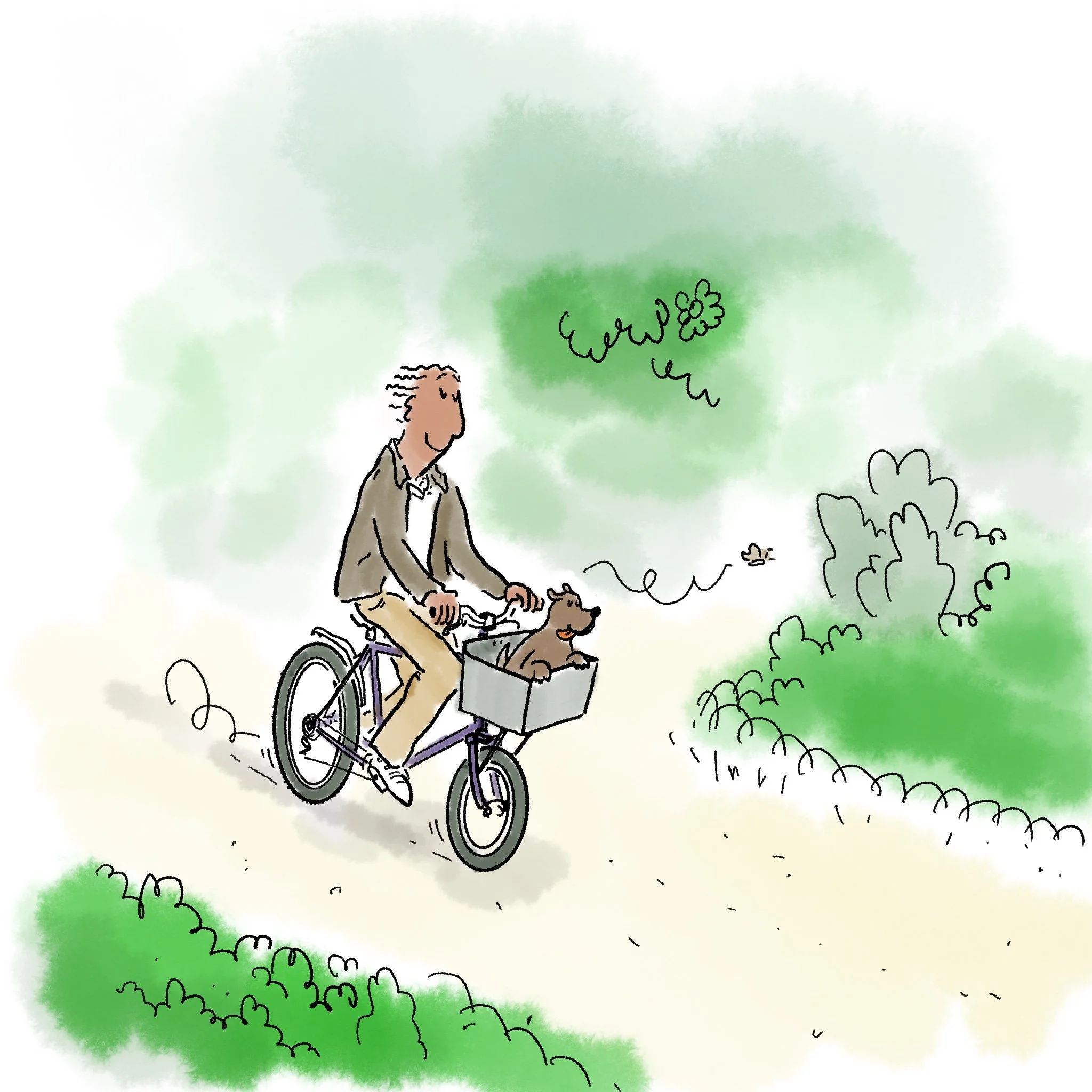 A person with long hair riding a bicycle with a basket in a park, surrounded by bushes and trees, with a cloudy sky above.