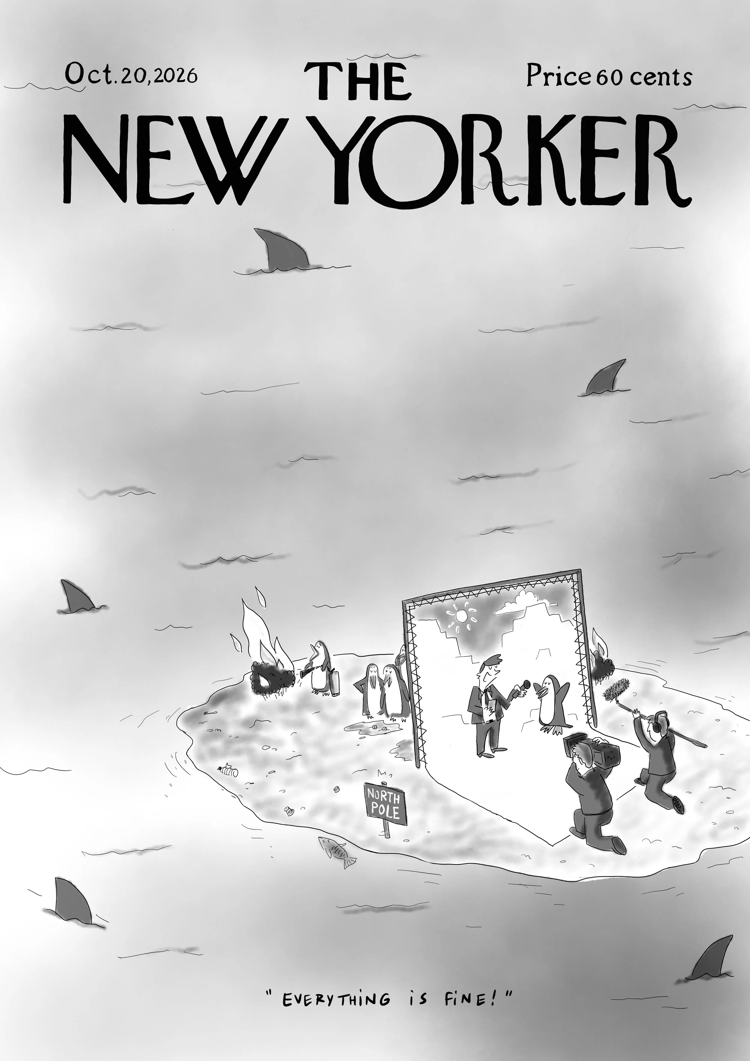 A black and white humoristic illustration of a penguin standing in front a fake backdrop for an interview saying everything is fine. Behind the backdrop other penguins are trying to stop a fire and all the ice has melted because of climate change.