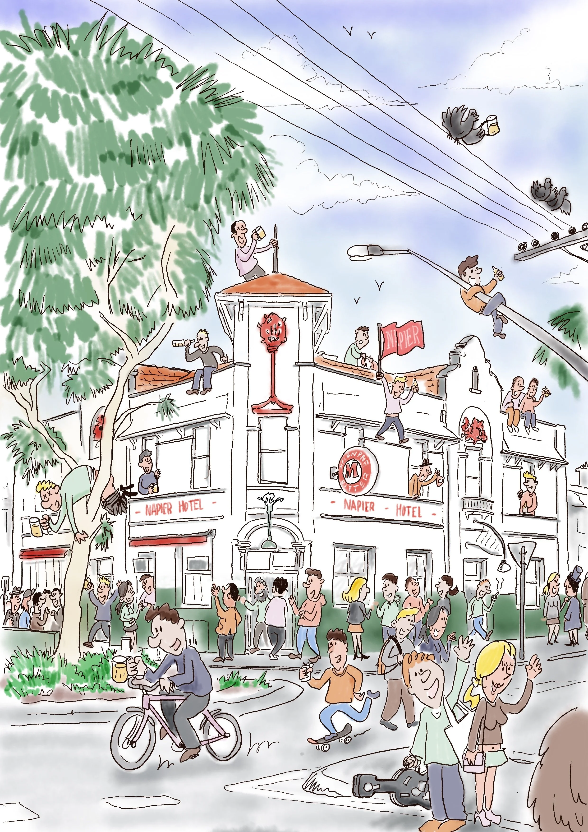 An illustration with people in front of the Napier Hotel in Fitzroy, Melbourne.
