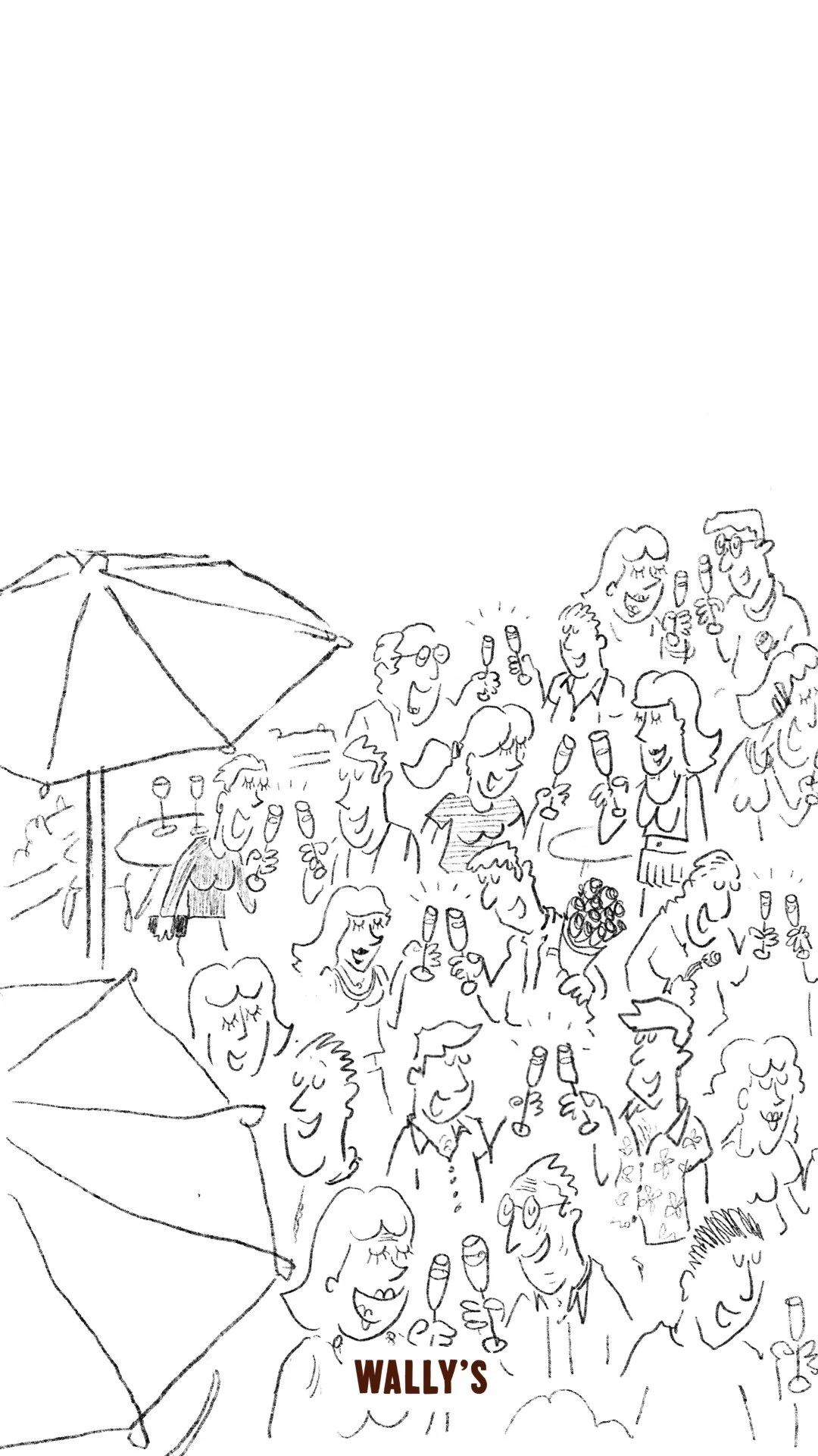 Line drawing illustration of a lively outdoor social gathering at Wally's, with people holding drinks, chatting, and smiling.