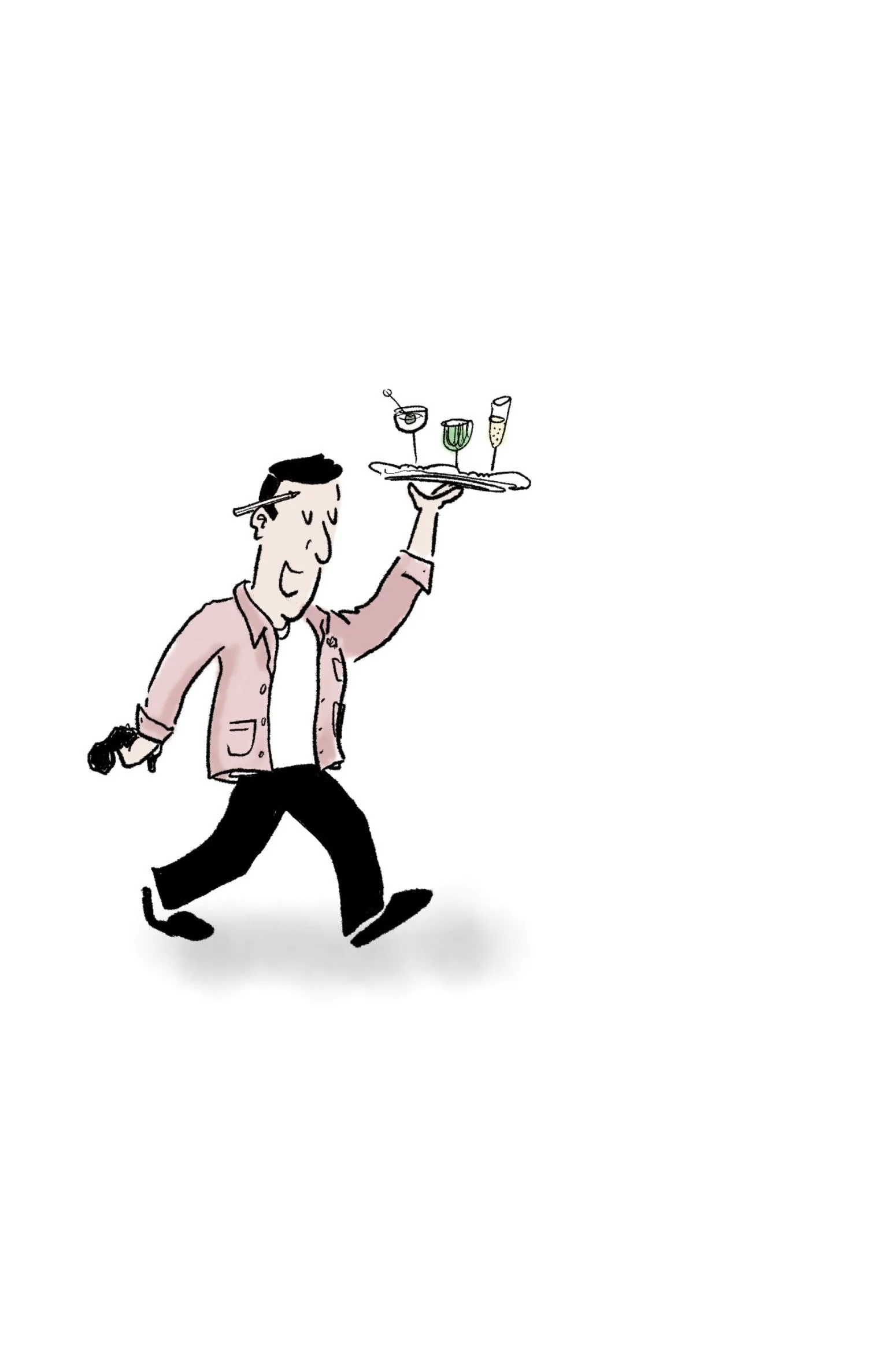 A cartoon illustration of a waiter from Le Splendide bar holding a tray full of coktails.