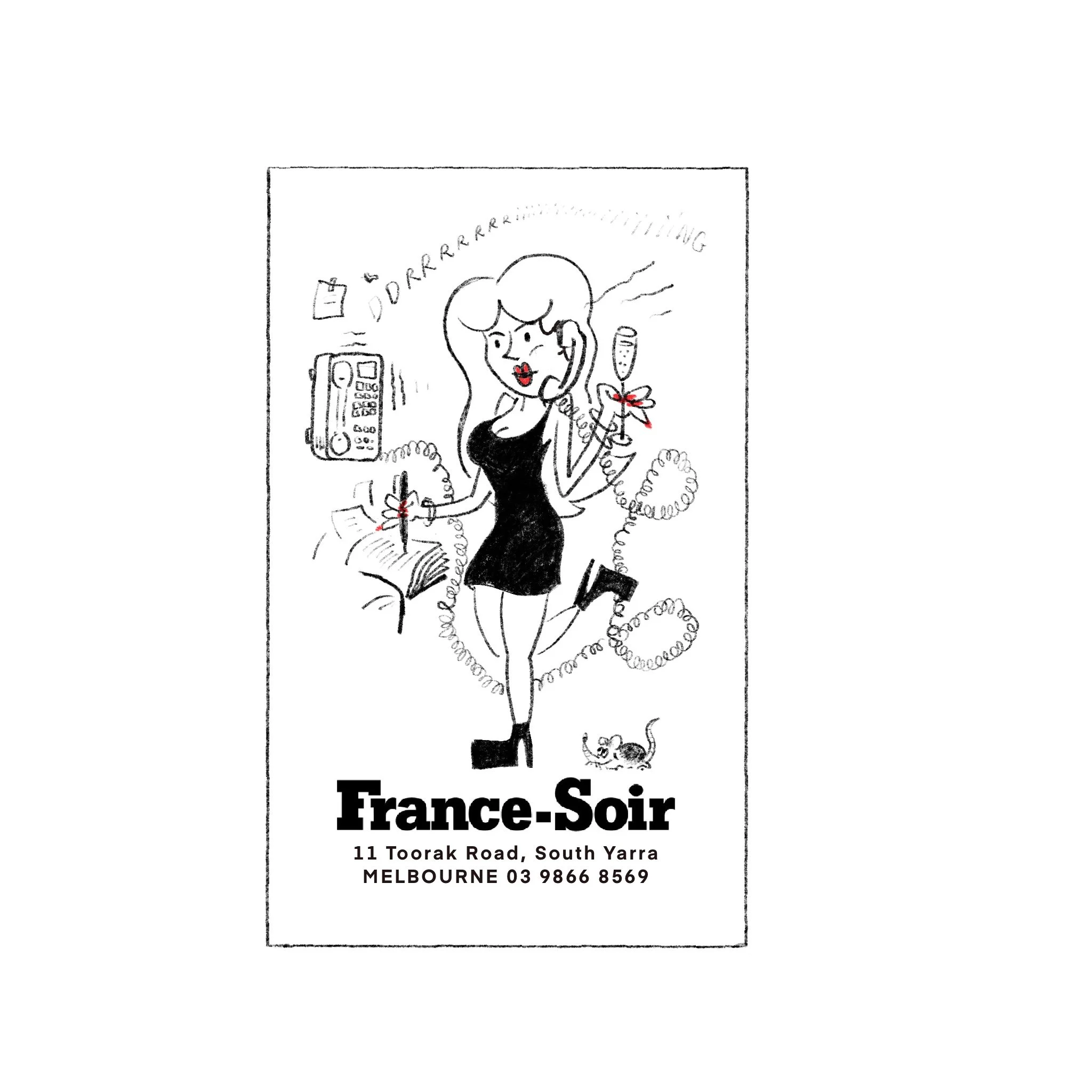 Black and white hand-drawn illustration of a woman with long hair, wearing a dress, holding a telephone receiver, surrounded by flowers, with a cat at her feet, and a rotary phone on the table. Text in the image reads 'France.Soir' and the address of