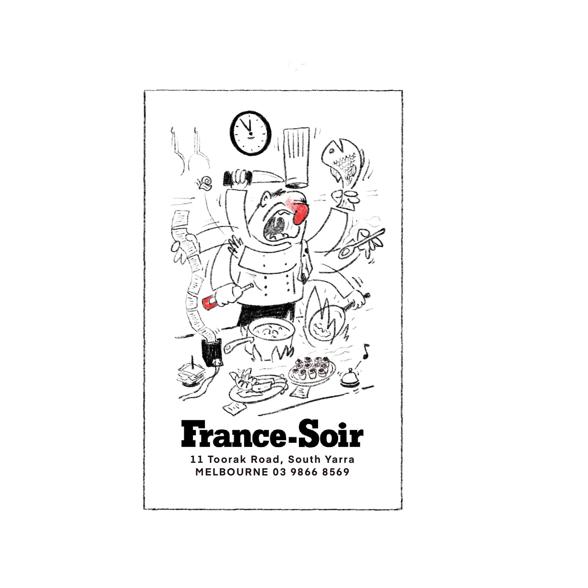Black and white illustration of a restaurant flyer for France-Soir located at 11 Toorak Road, South Yarra, Melbourne. Features a cartoon character of a chef with a red tongue, surrounded by cooking utensils, food items, a clock, and other kitchen ele