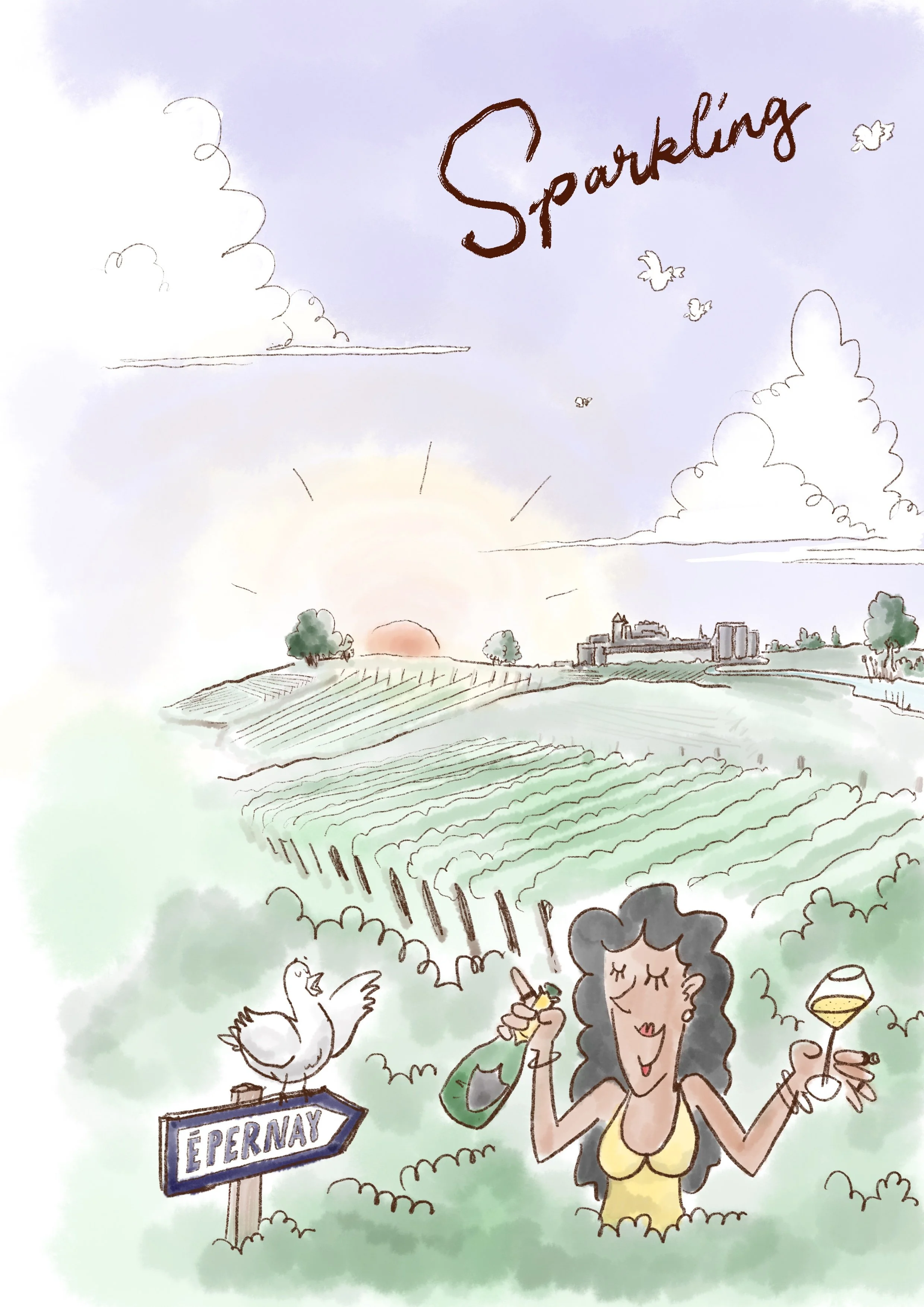 A water-colour illustration of a women drinking glass of champagne in a field in front of a sign reading "Epernay".