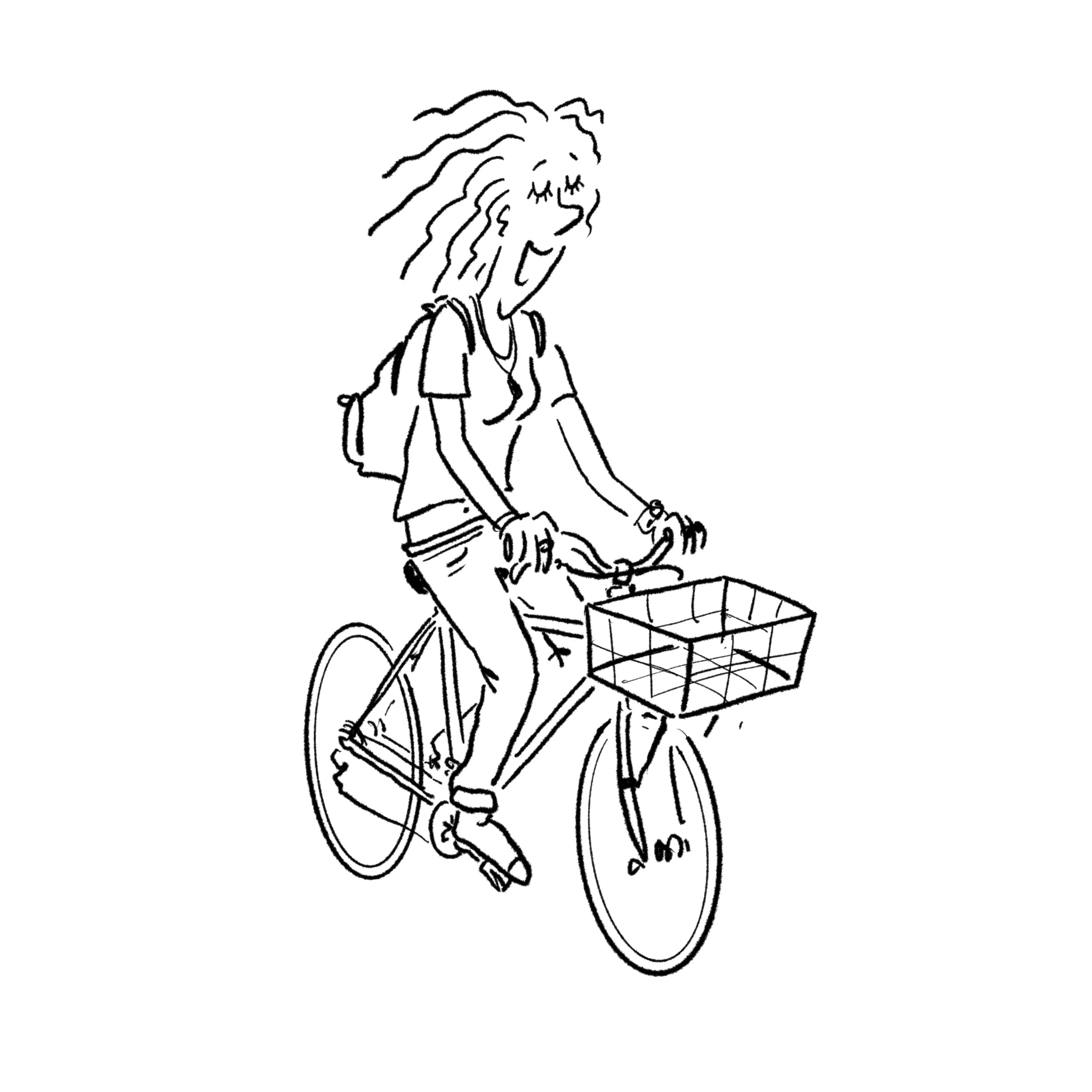 A line drawing of a person riding a bicycle, carrying a basket on the front and a backpack on the back.