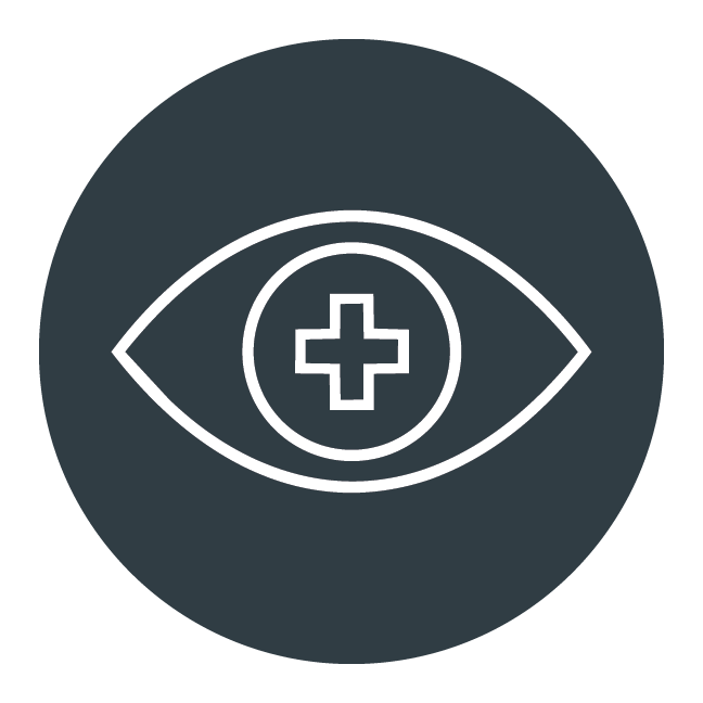 Icon of an eye with a medical cross inside the iris on a dark background.