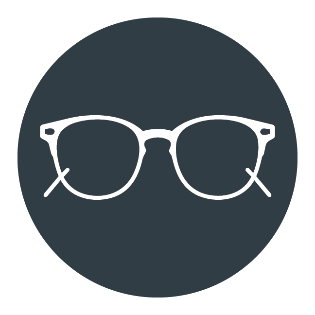 A white outline drawing of eyeglasses on a dark gray circular background.