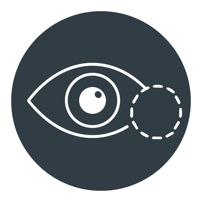 Line drawing of an eye with a dashed circle to the right.