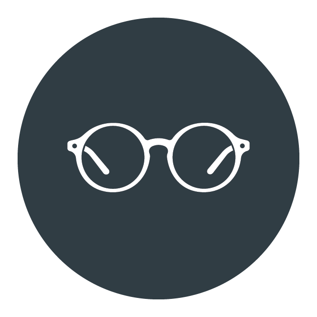 Icon of round glasses with thick black frames on a dark background.