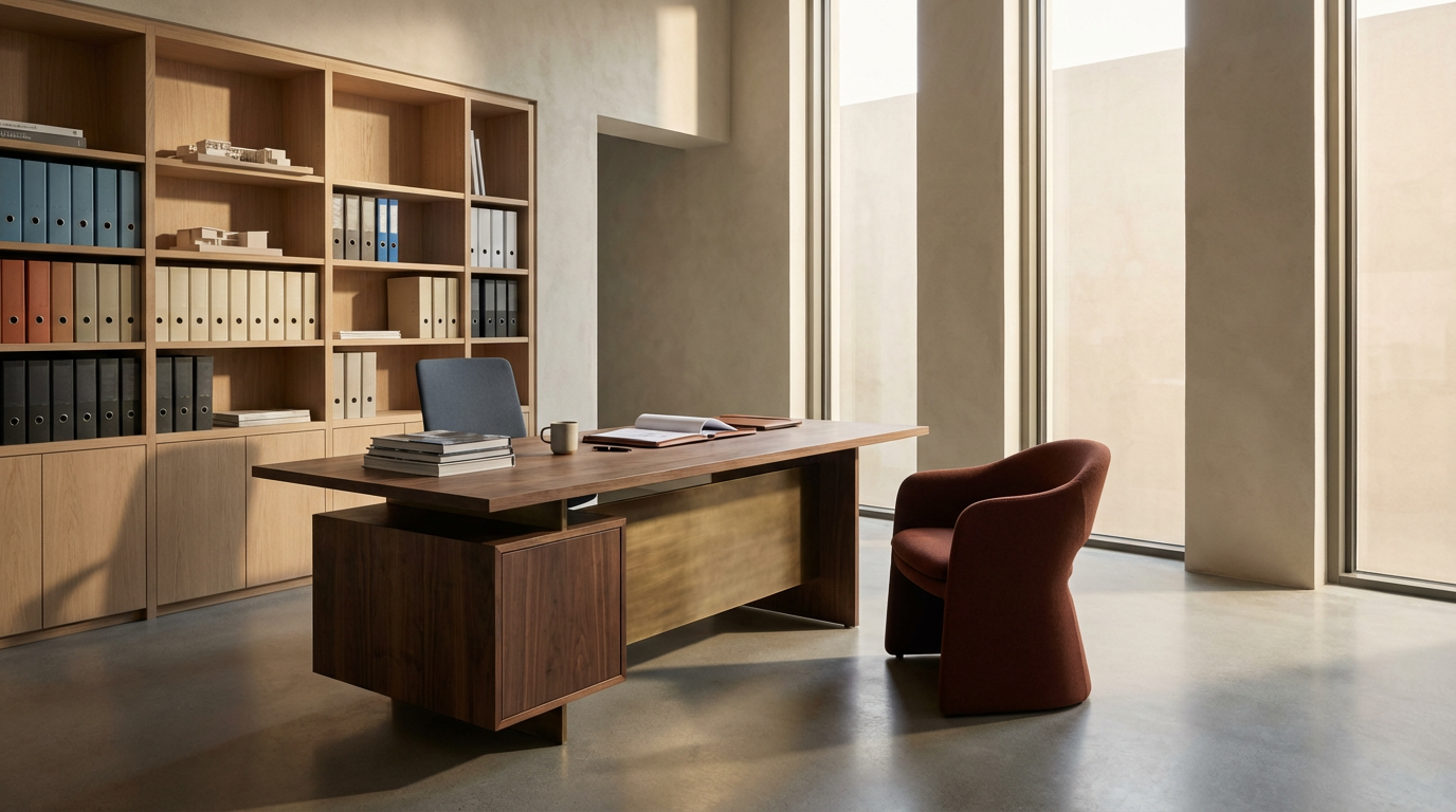 Empty office room with a wooden desk, a blue office chair, a maroon armchair, a bookshelf with binders, and large windows letting in natural light.