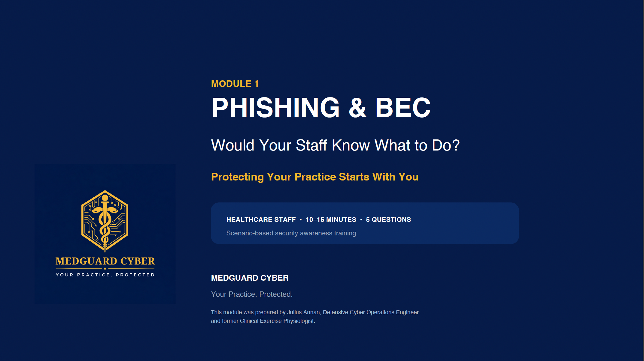 Preview of MedGuard Cyber’s free Module 1 phishing-awareness training for healthcare teams.