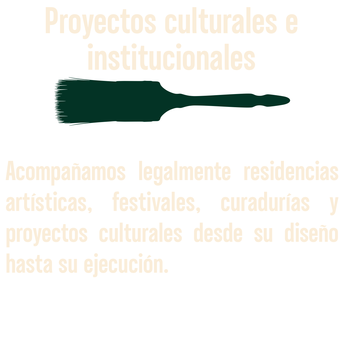 Texto que anuncia proyectos culturales e institucionales, incluyendo residencias artísticas, festivales, curadurías y proyectos culturales desde el diseño hasta la ejecución, con fondo negro.