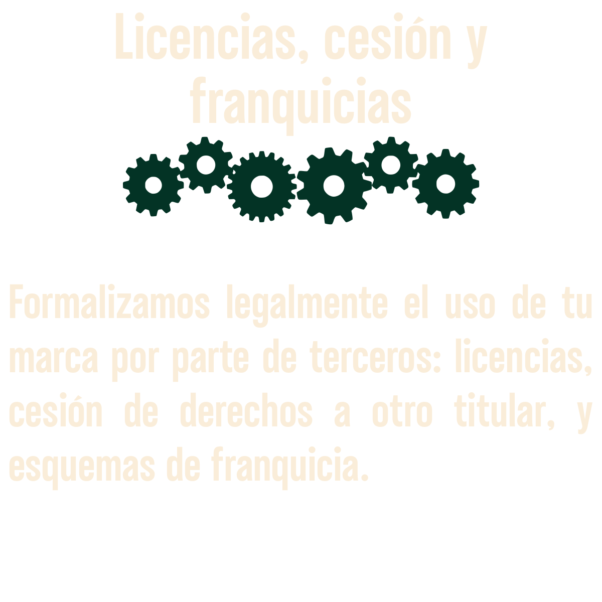 Texto que dice: Licencias, cesión y franquicias. Debajo, un párrafo que explica que se formaliza legalmente el uso de marcas por parte de terceros mediante licencias, cesión de derechos a otro titular y esquemas de franquicia.