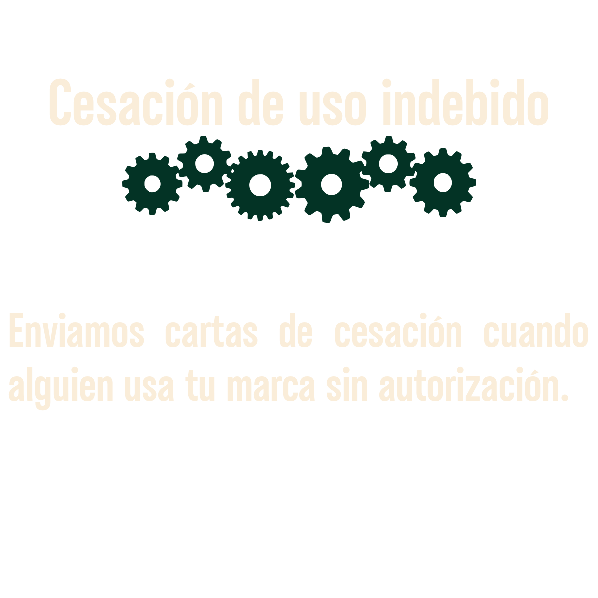 Cartel de aviso por uso indebido, con engranajes en la parte superior y texto en español que advierte sobre la cesación de uso no autorizado de marcas.