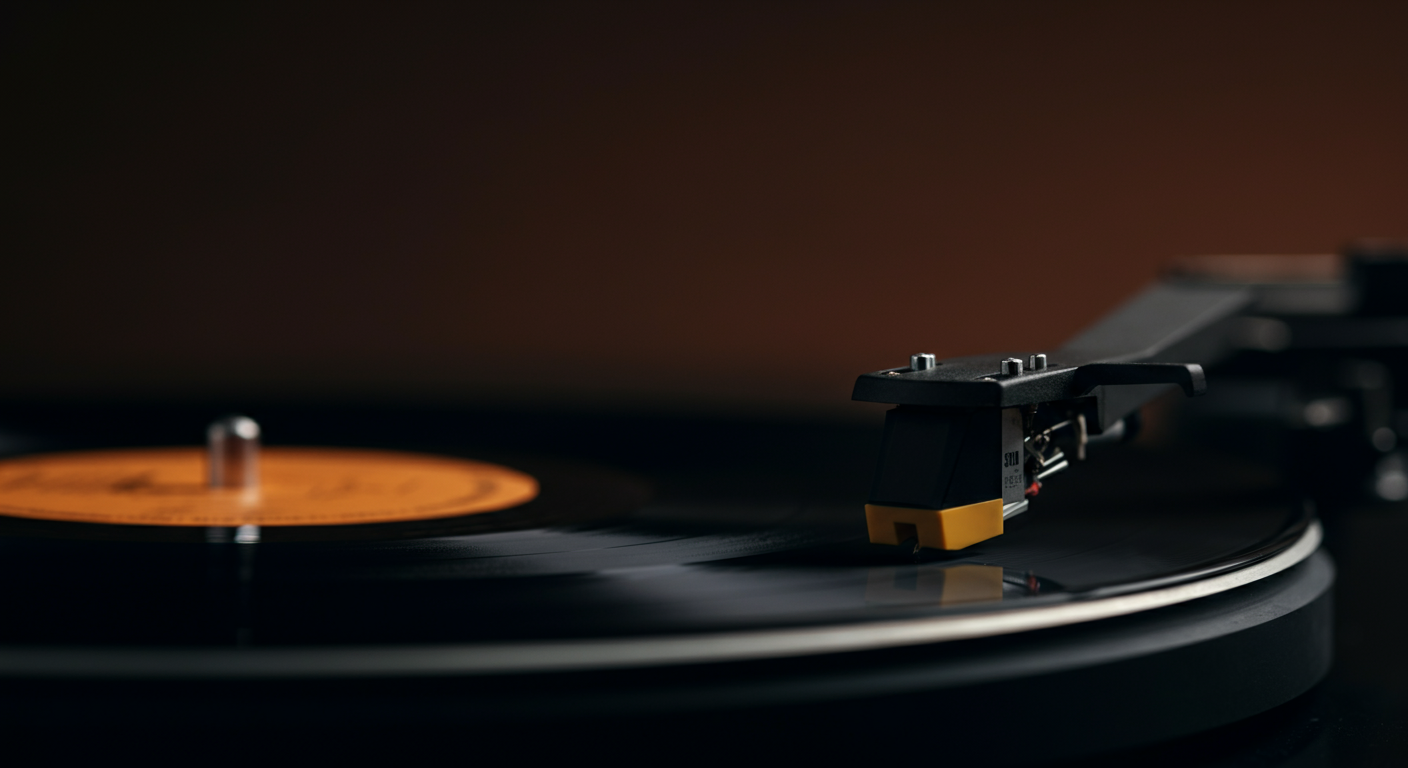 Una tornamesa reproduciendo un disco de vinil en un ambiente oscuro.