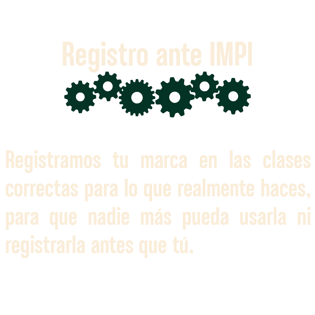 Texto que dice 'Registro ante IMP' y 'Registramos tu marca en las clases correctas para lo que realmente haces, para que nadie más pueda usarla ni registrarla antes que tú' con íconos de engranajes