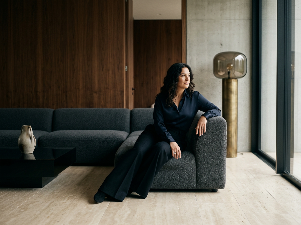 Woman in black sitting on a gray sofa next to large glass windows with a view outside, in a modern living room with wooden walls and a decorative table lamp.
