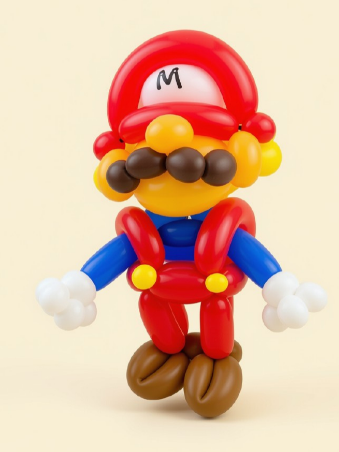 Balloon sculpture of Mario with a red hat, blue overalls, brown shoes, and a yellow mustache.