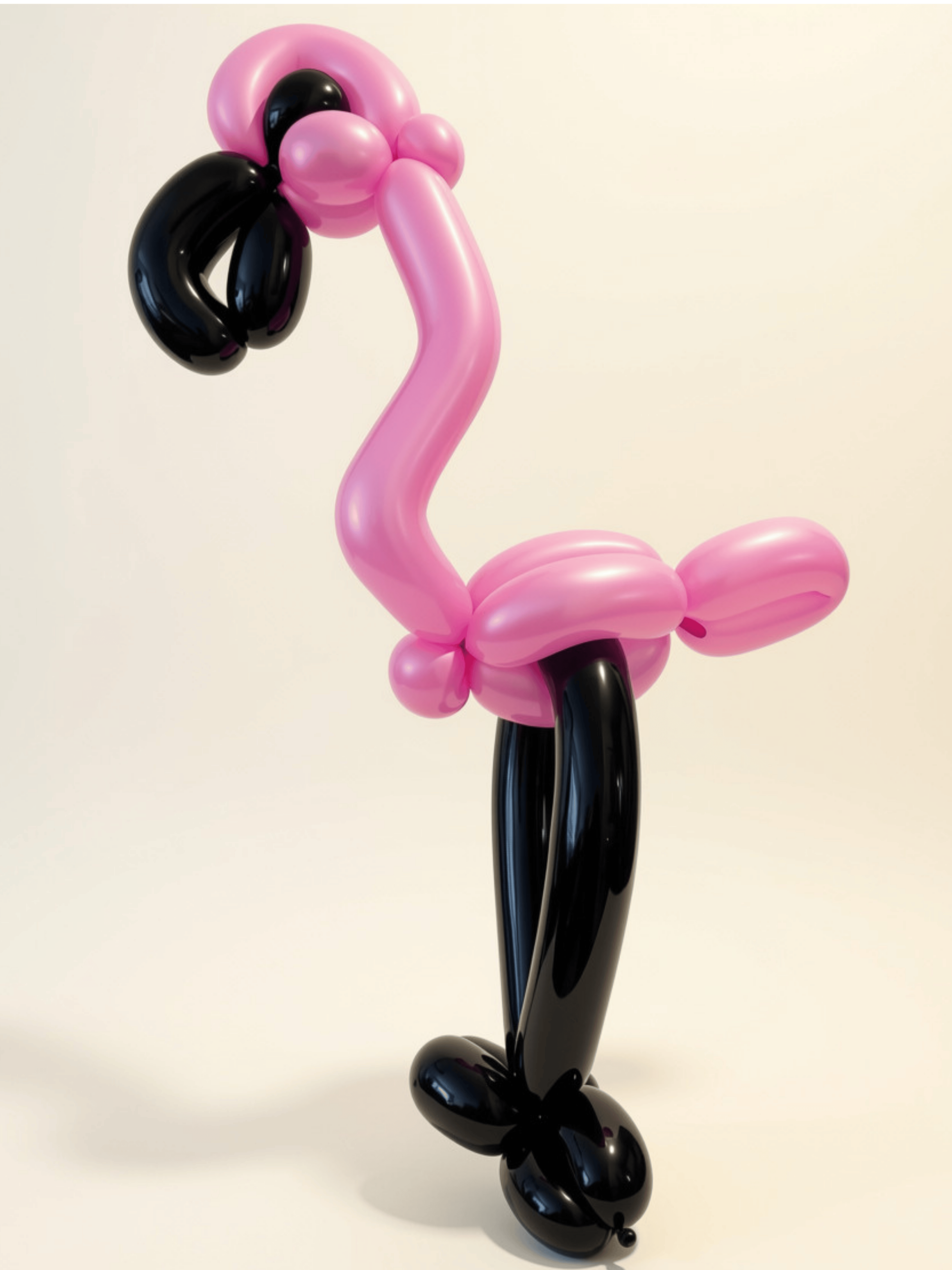 Balloon sculpture resembling a flamingo with a pink body, black legs and neck, and a pink head with a black eye, standing on a white background.