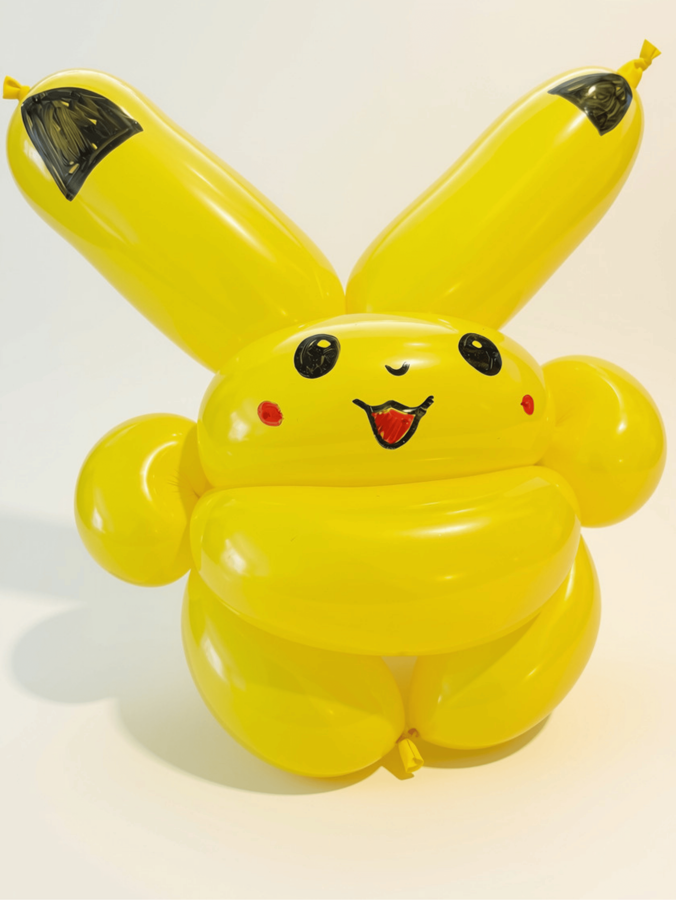 Yellow balloon sculpture of Pikachu with a smiling face, black eyes, red cheeks, and pointy ears, on a white background.