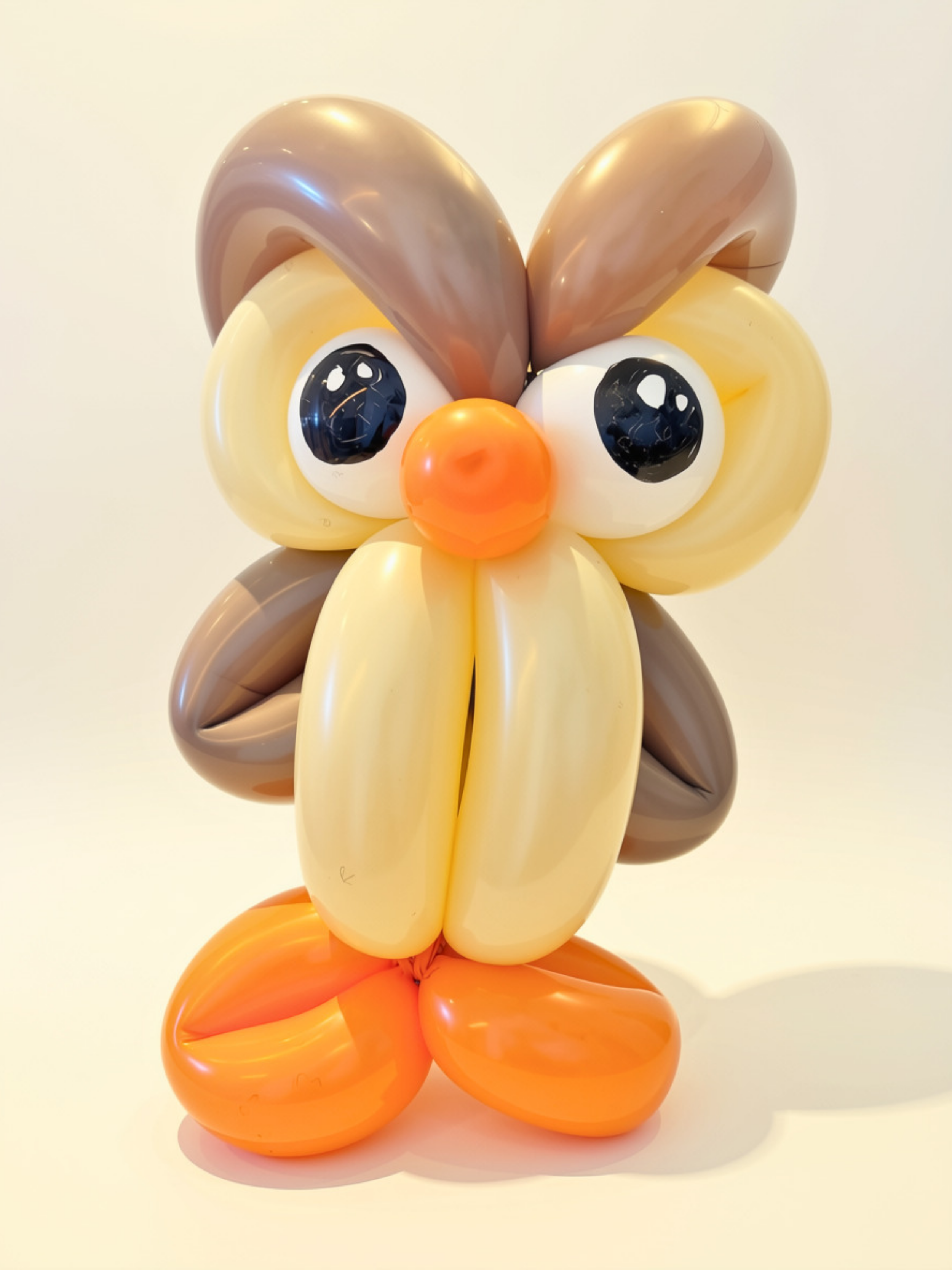 Sculpture of a cartoon character made from colorful balloons balanced on a surface, with large eyes, a small nose, and ears, resembling a playful animal or cartoon face.