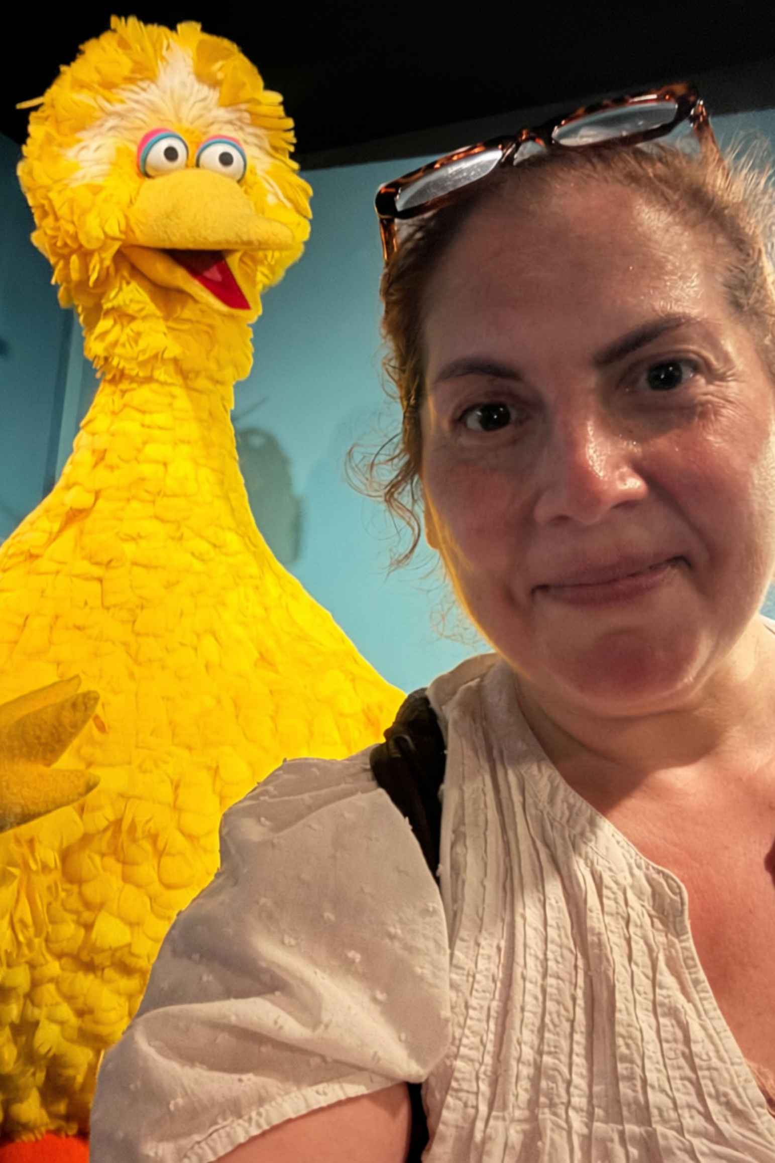 A woman taking a selfie with Big Bird, a large yellow puppet character from Sesame Street, in the background.