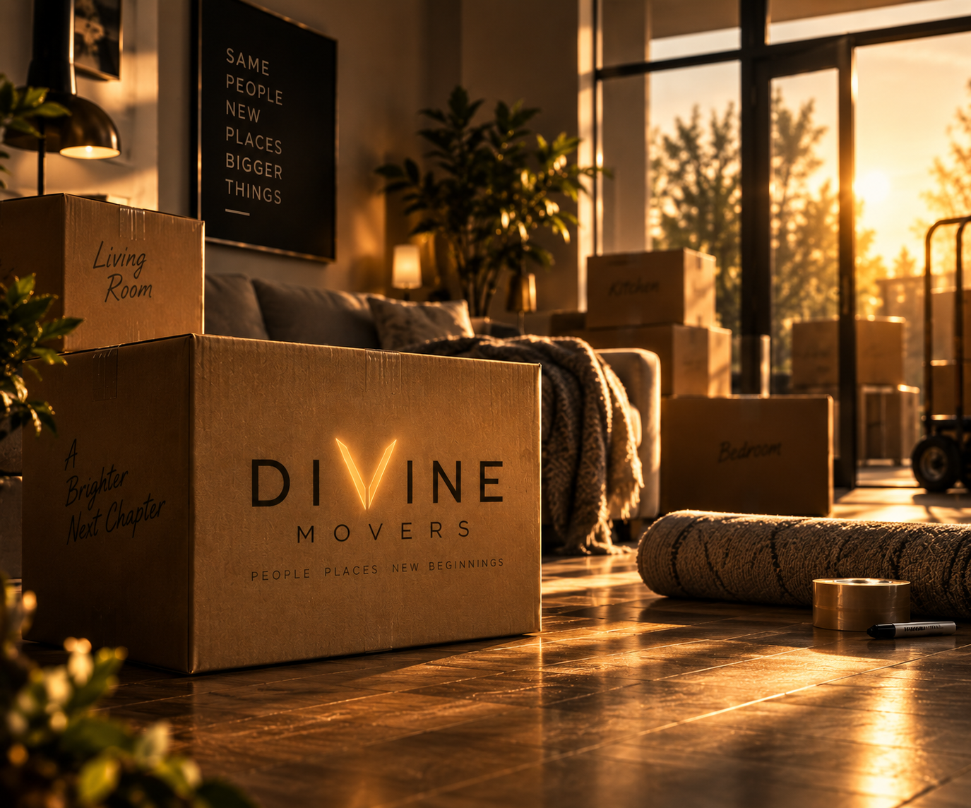 Sunlight streaming into a living room filled with moving boxes labeled 'Living Room,' 'Bedroom,' and 'Kitchen,' with a large sign that says 'Divine Movers' in glowing lettering, and a cozy sofa with a blanket draped over it, in a warm-toned, sunset-lit space.