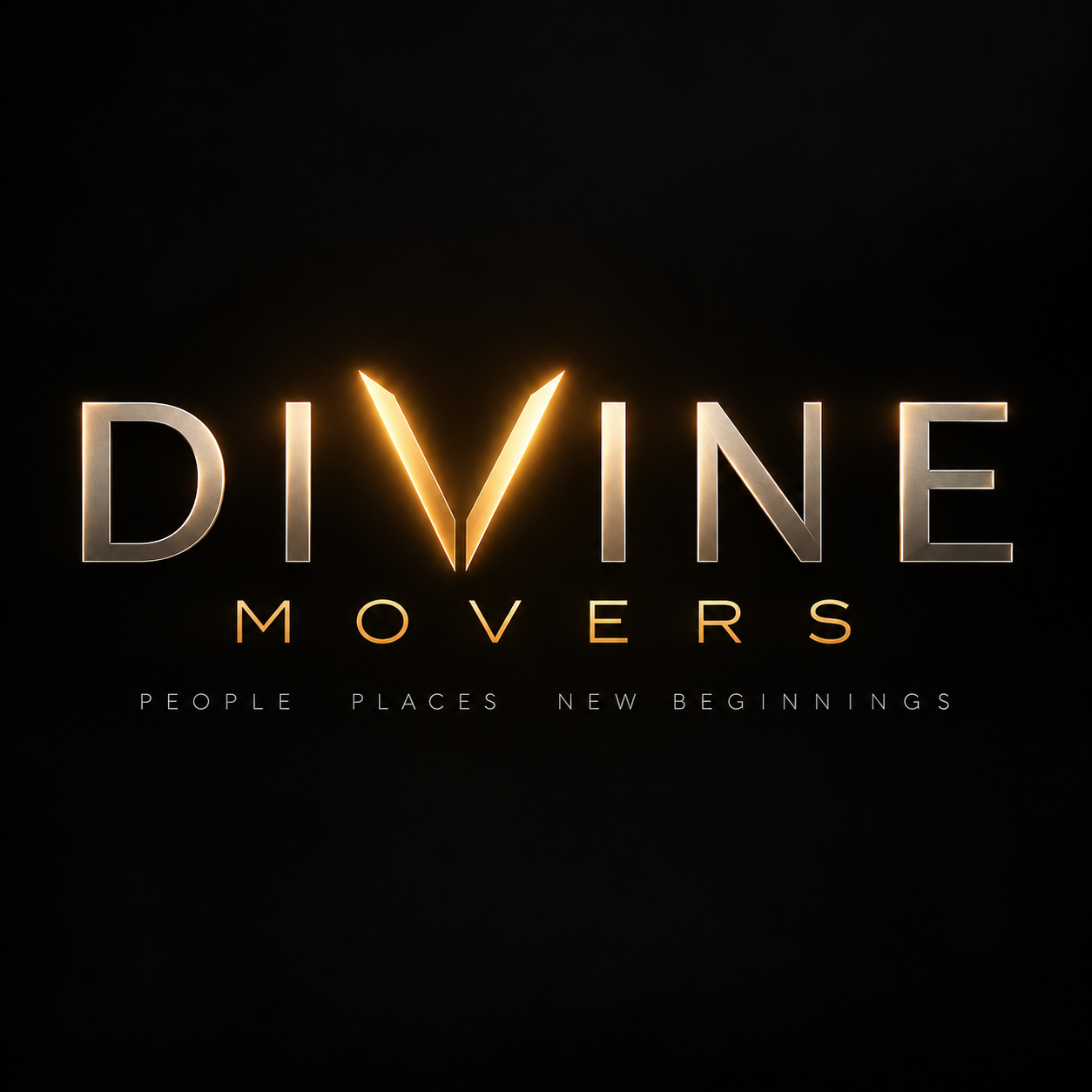 The image shows the words 'DIVINE MOVERS' on a black background with a glowing effect. 'DIVINE' has a stylized letter V that appears to be glowing, and below it, the words 'PEOPLE PLACES NEW BEGINNINGS' are written in smaller text.
