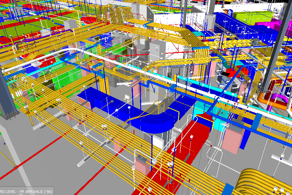 A detailed digital schematic of a complex building mechanical, electrical, and plumbing systems.