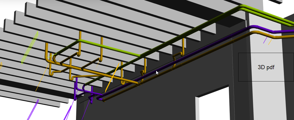 3D model of a piping system installed on a building ceiling, with various colored pipes and support structures.
