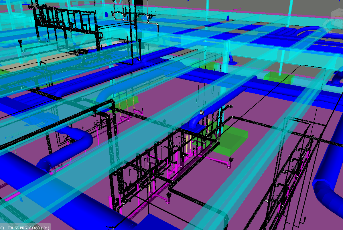A computer-generated 3D model of a building's plumbing and piping system, showing various pipes, structural elements, and support frameworks in different colors for clarity.