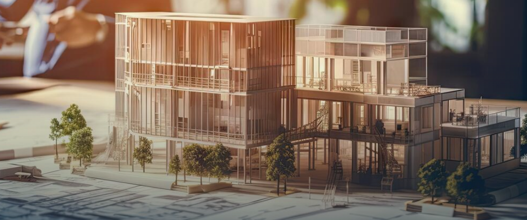 Architectural scale model of a modern glass building with trees around it.