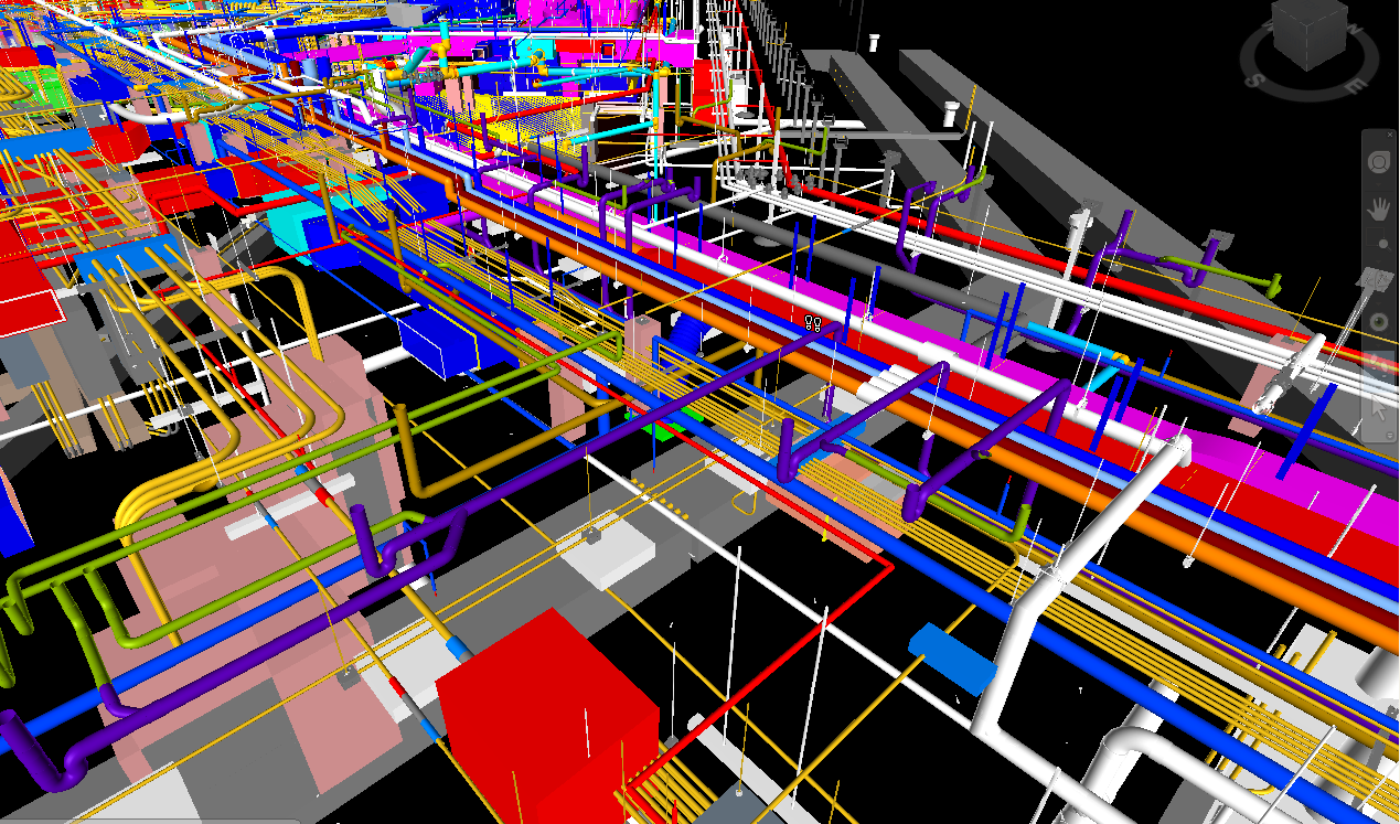A complex 3D model of an industrial piping system with various colored pipes and components in a virtual layout.