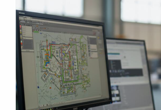 Computer screens displaying architectural or technical drawings with detailed wiring or piping layouts.