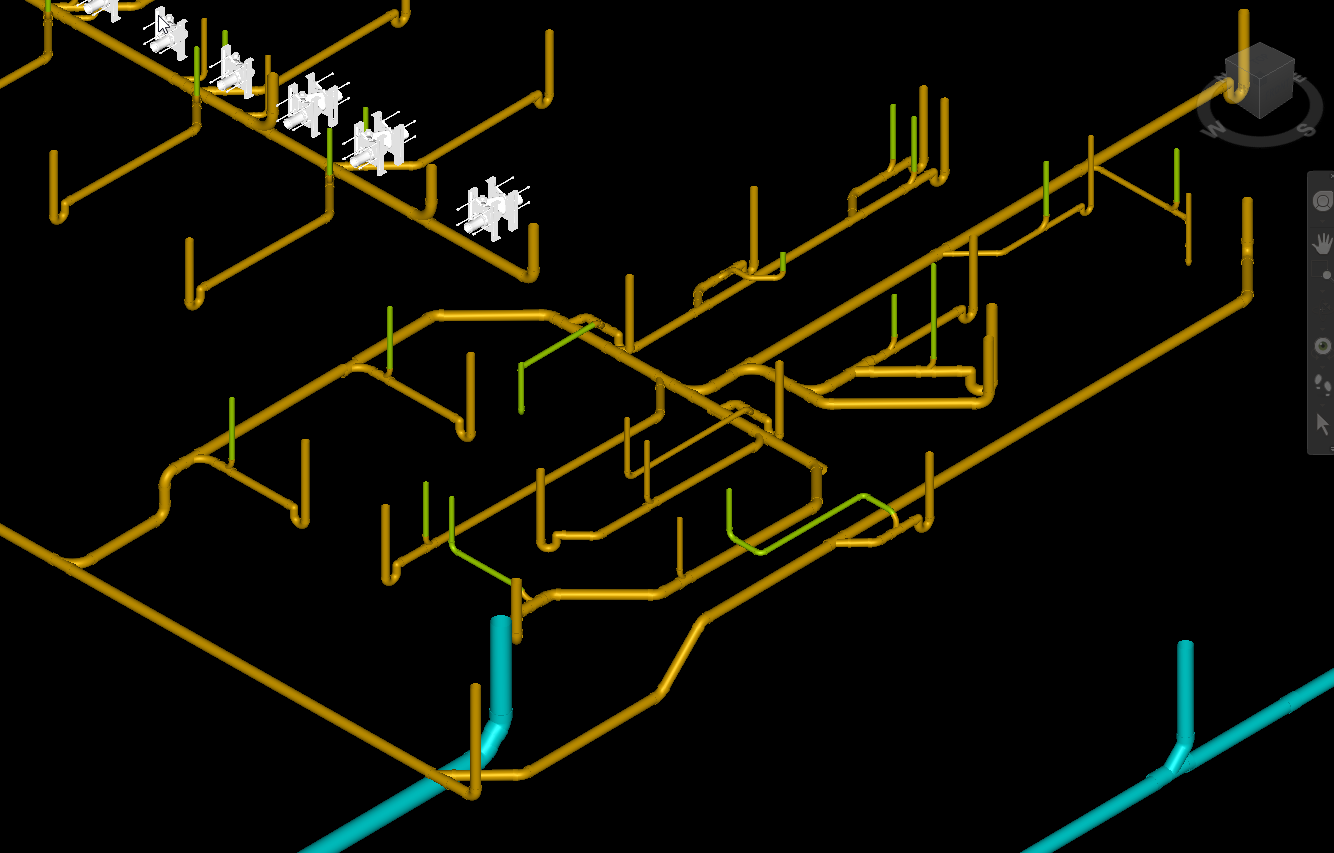 A digital illustration of a complex piping system with yellow, green, and blue pipes interconnected, with some valves and machinery.