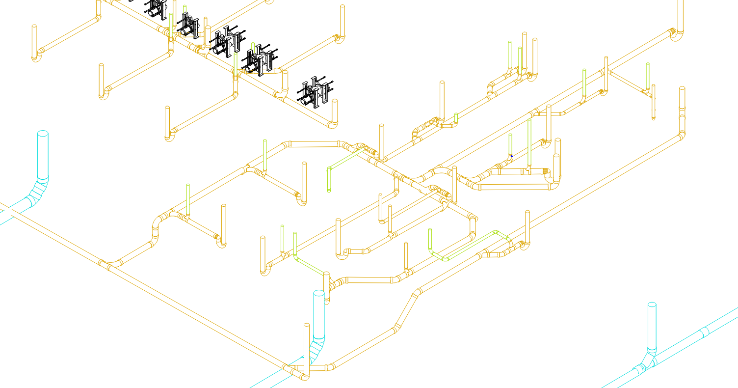 Technical schematic of a plumbing system with pipes, valves, and fittings in different colors.