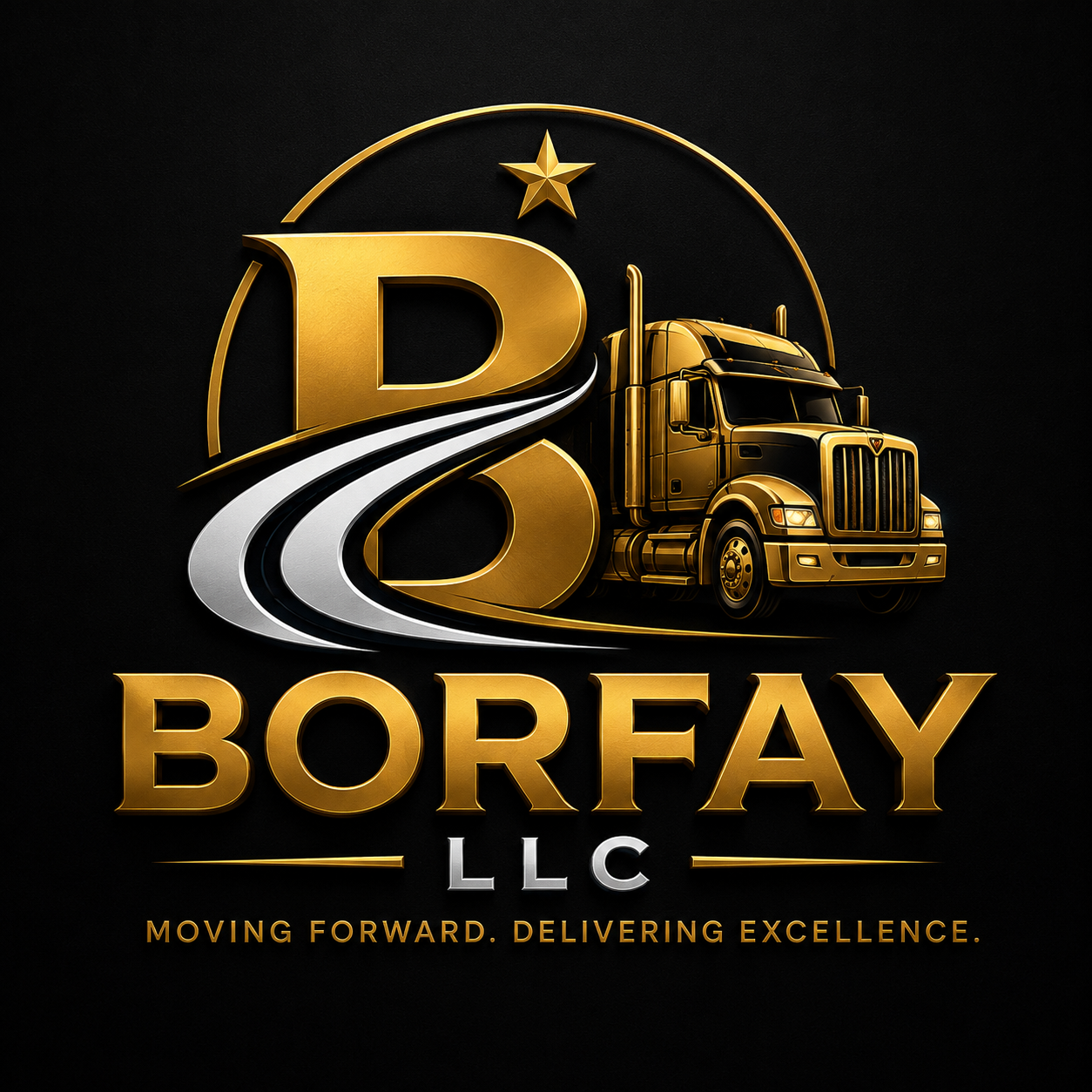 Black background with gold and silver logo of Borfay LLC, featuring a gold semi-truck, a large gold letter B, and the company name 'BORFAY LLC'. Tagline reads 'Moving Forward. Delivering Excellence.'
